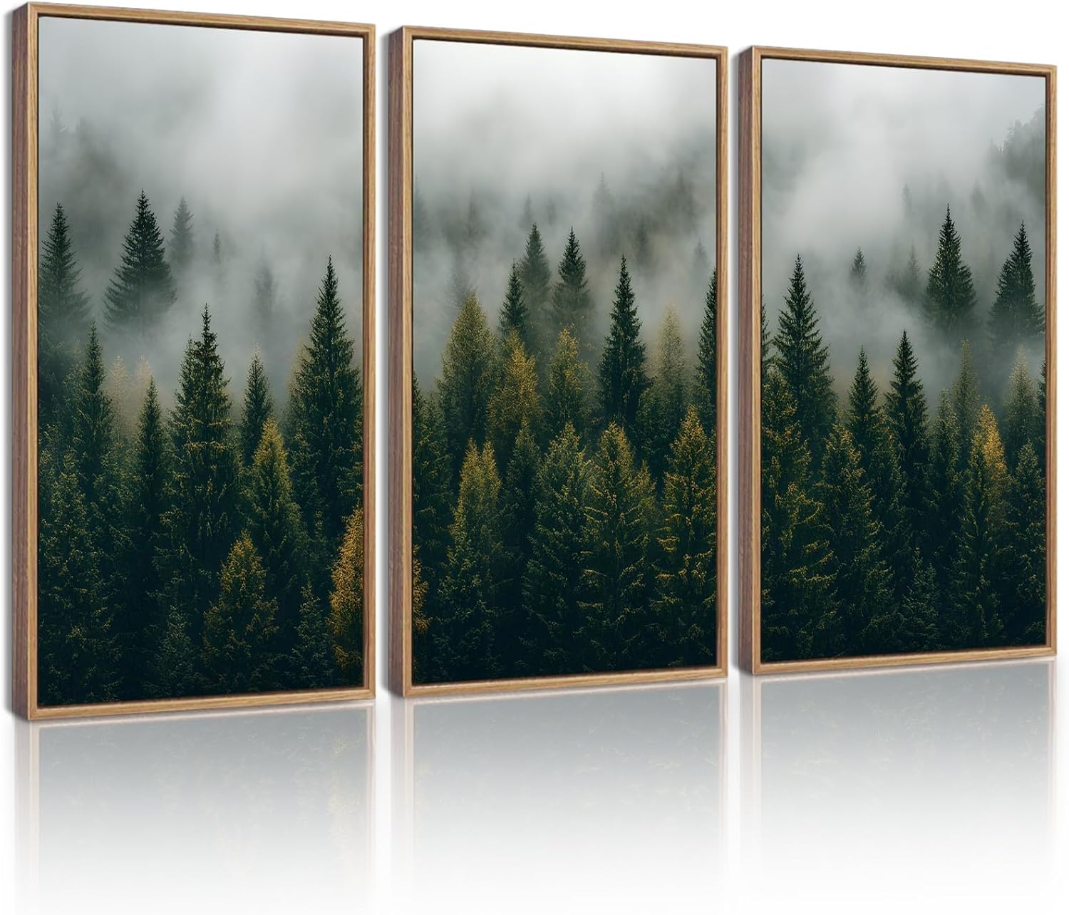 KUVIOKE Green Fog Pine Tree Landscape Framed Wall Art Nature Nordic Misty Forests Prints Morden Farmhouse Bedroom Living Room Ready to Hang 16x24in (Natural Framed)