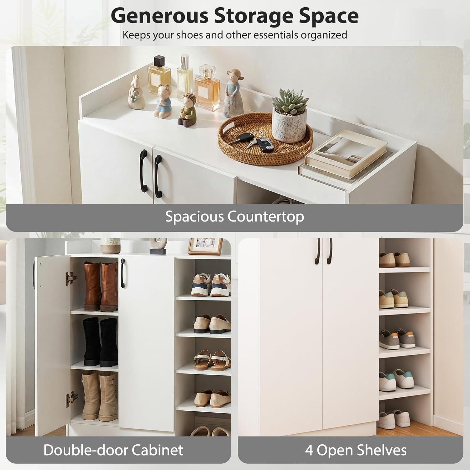 Giantex Shoe Cabinet, Wooden Shoe Storage Organizer w/2 Doors, 2 Adjustable Shelves & 4 Open Shelves, Modern Freestanding Shoe Rack Cabinet w/Anti-tip Kits for Entryway, Hallway, Living Room, Closet