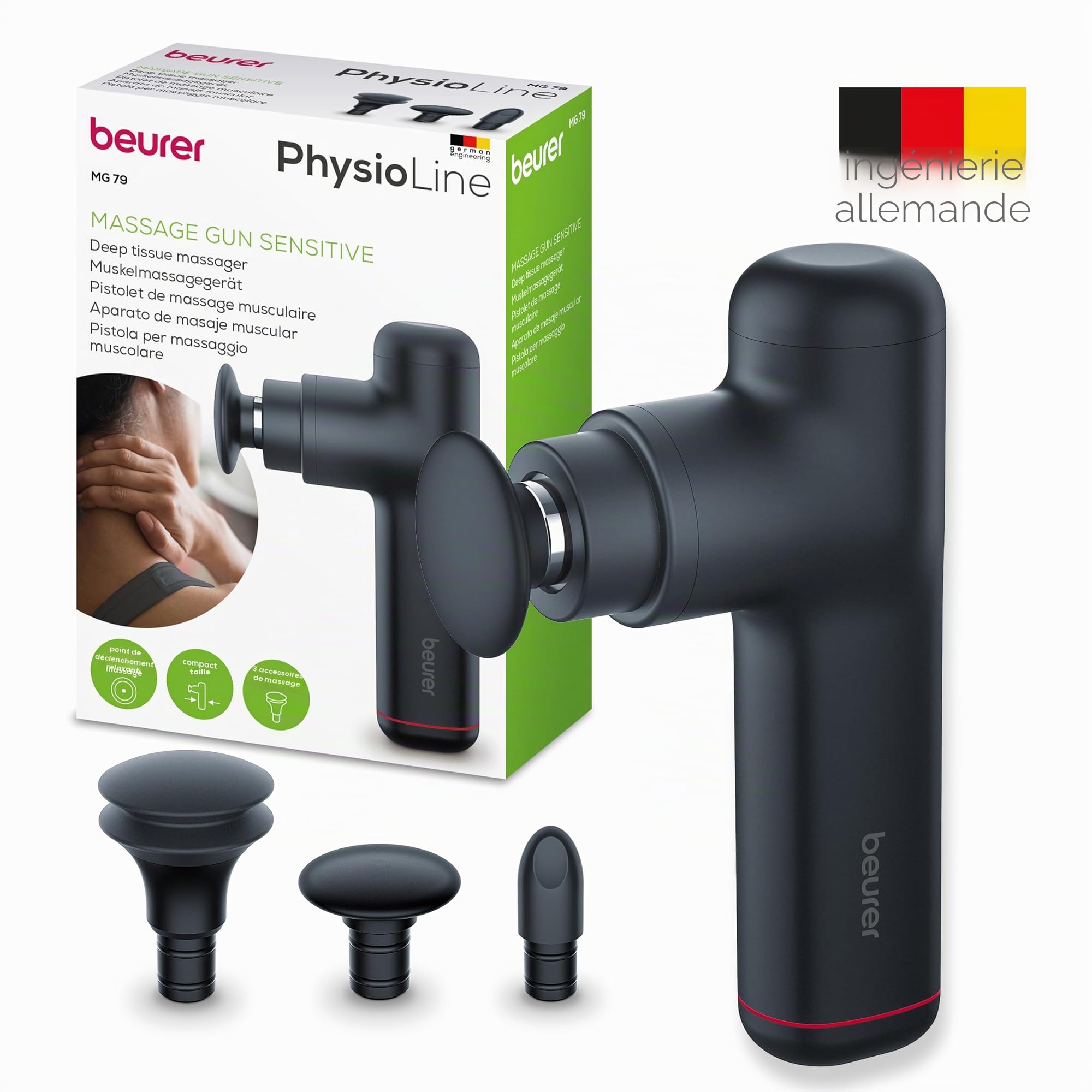 Beurer MG 79 Pistolet de sensible compact avec 3 embouts, doux des points de déclenchement pour les zones sensibles du corps, appareil de musculaire pratique avec 3 niveaux