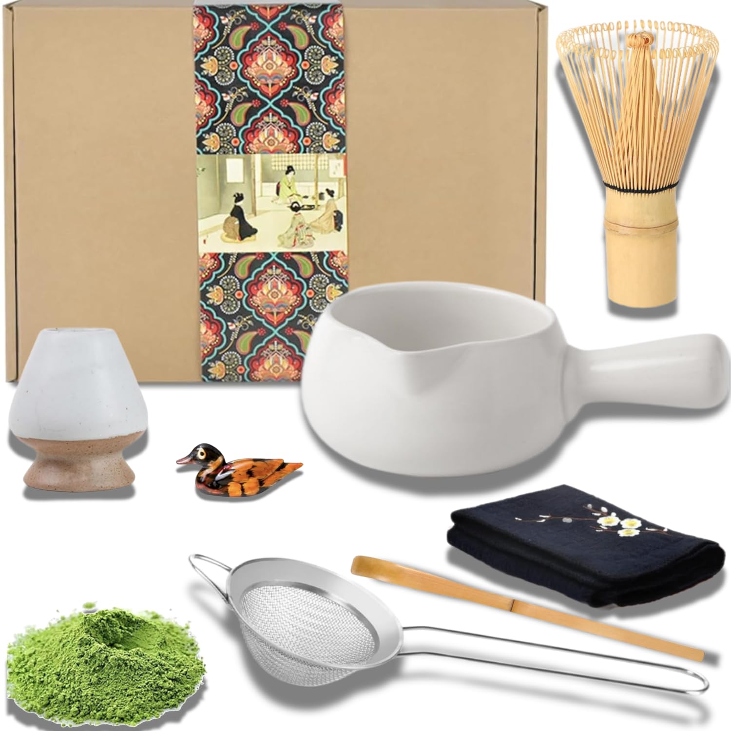Kit per cerimonia matcha per cerimonia del tè giapponese, ciotola con beccuccio e manico, frusta, paletta da tè, colino in polvere Matcha, set da tè per preparare il latte Usucha, Koicha e