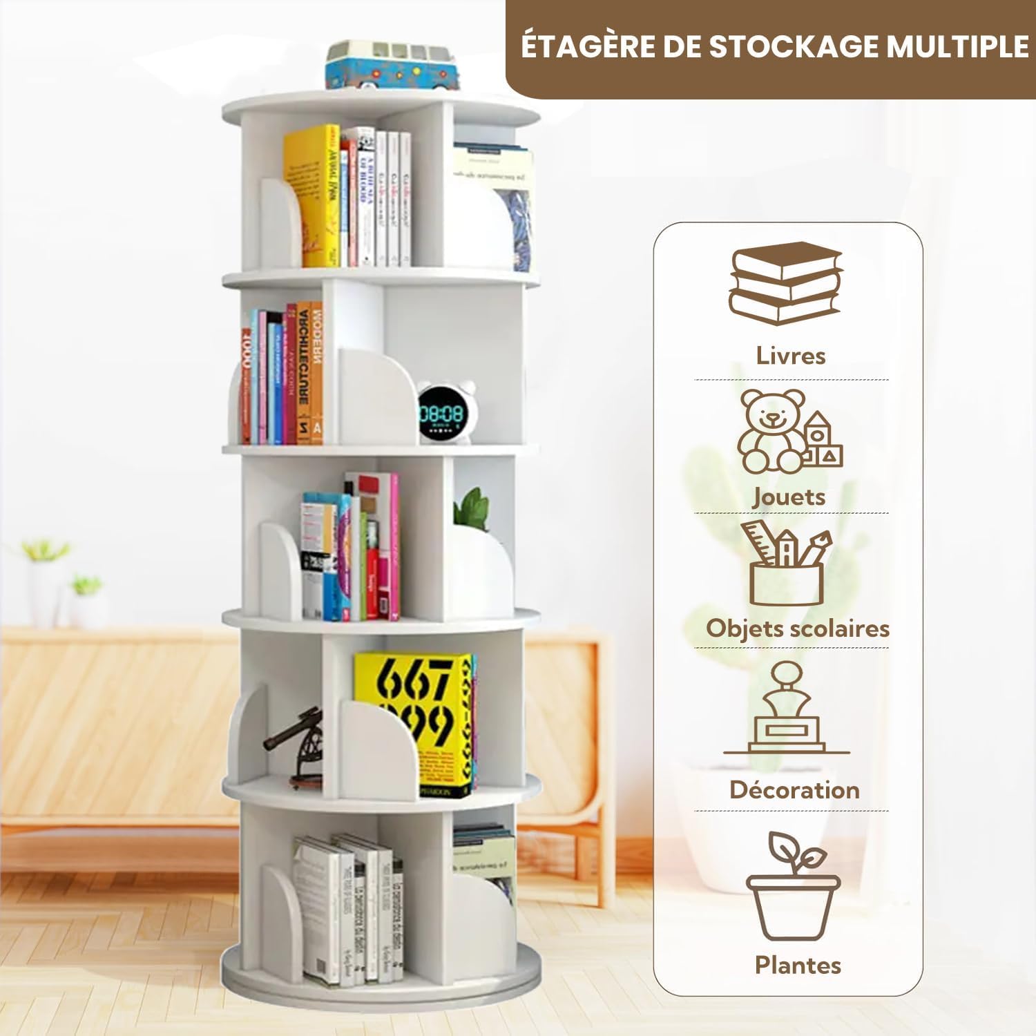 uyoyous Bibliothèque Rotative 360° à 5 Niveaux, Étagère Ronde Gain de Place en Bois d'Hévéa, avec Pare-Chocs Anti-Chute, pour Salon, Chambre, Bureau, Chambre d'enfant, Style Moderne