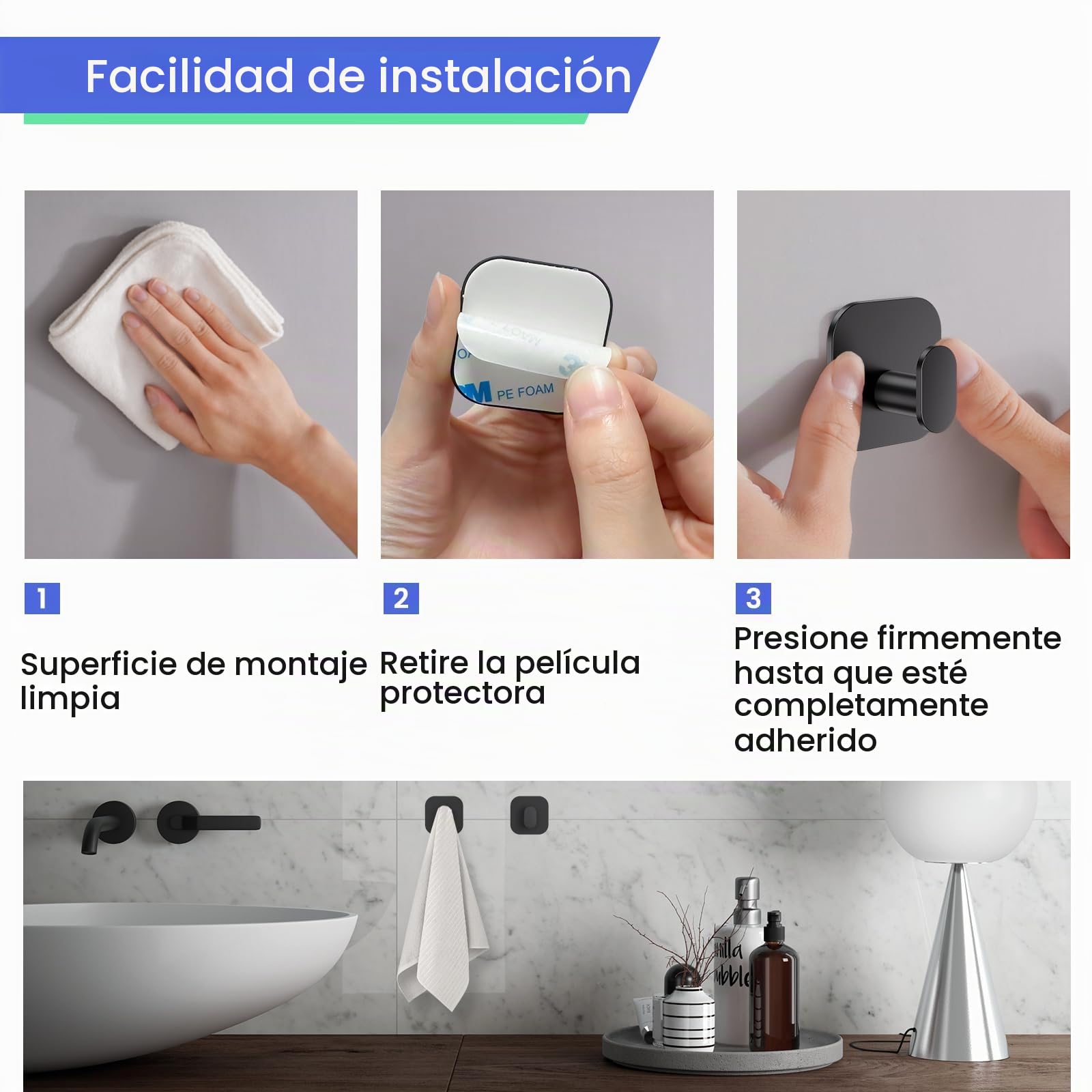 Aikzik Ganchos Adhesivos para Pared, Acero Inoxidable Toalleros sin Taladro, Colgadores Adhesivo Resistentespara Toallas Baño Cocina Albornoz, Negro
