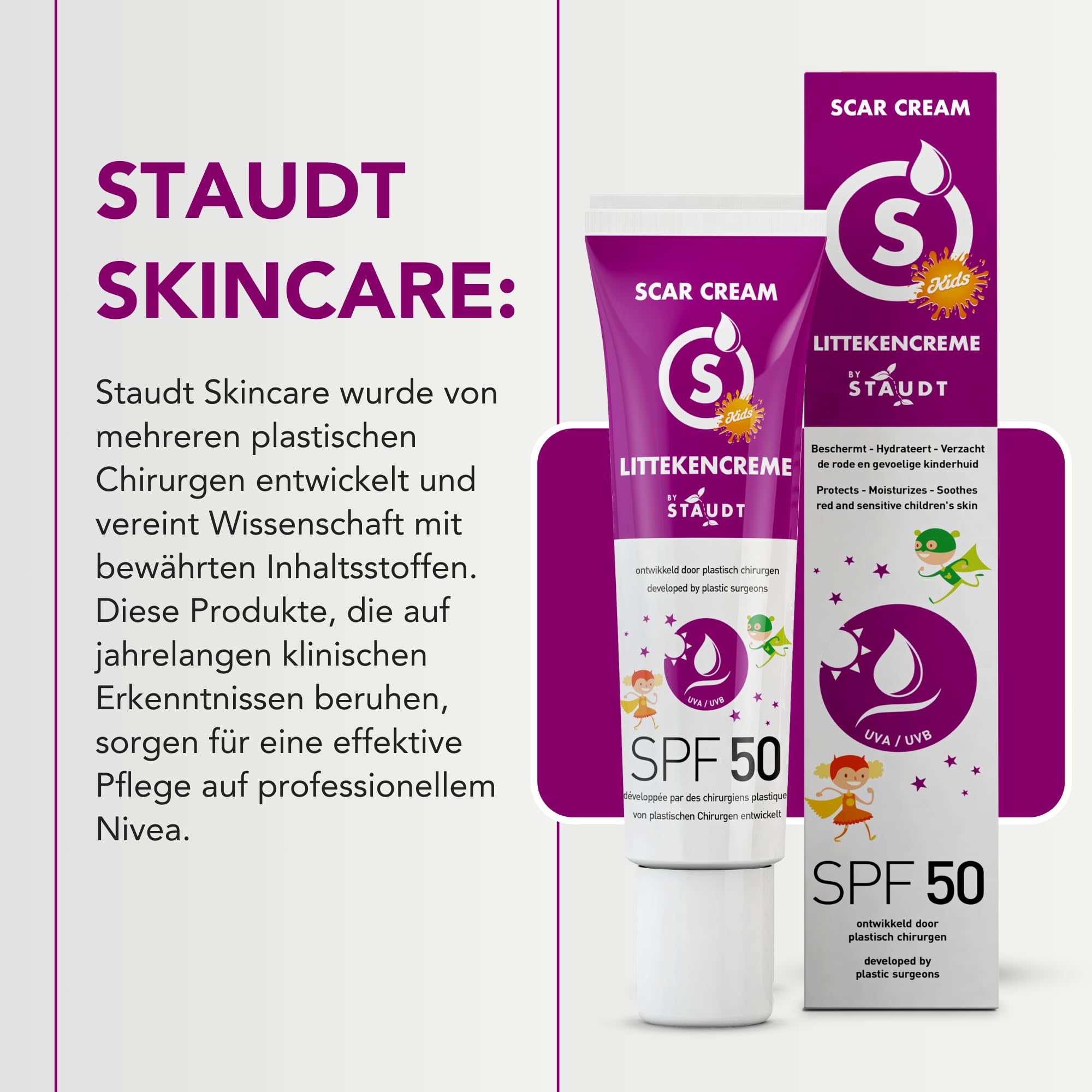 Staudt Kinder Narbensalbe SPF50 - Pädiatrisches Silicone Gel für empfindliche Haut - Hydratisierende Wund- und Heilsalbe mit Allantoin & Aloe Vera - UV-Schutz - 40ml