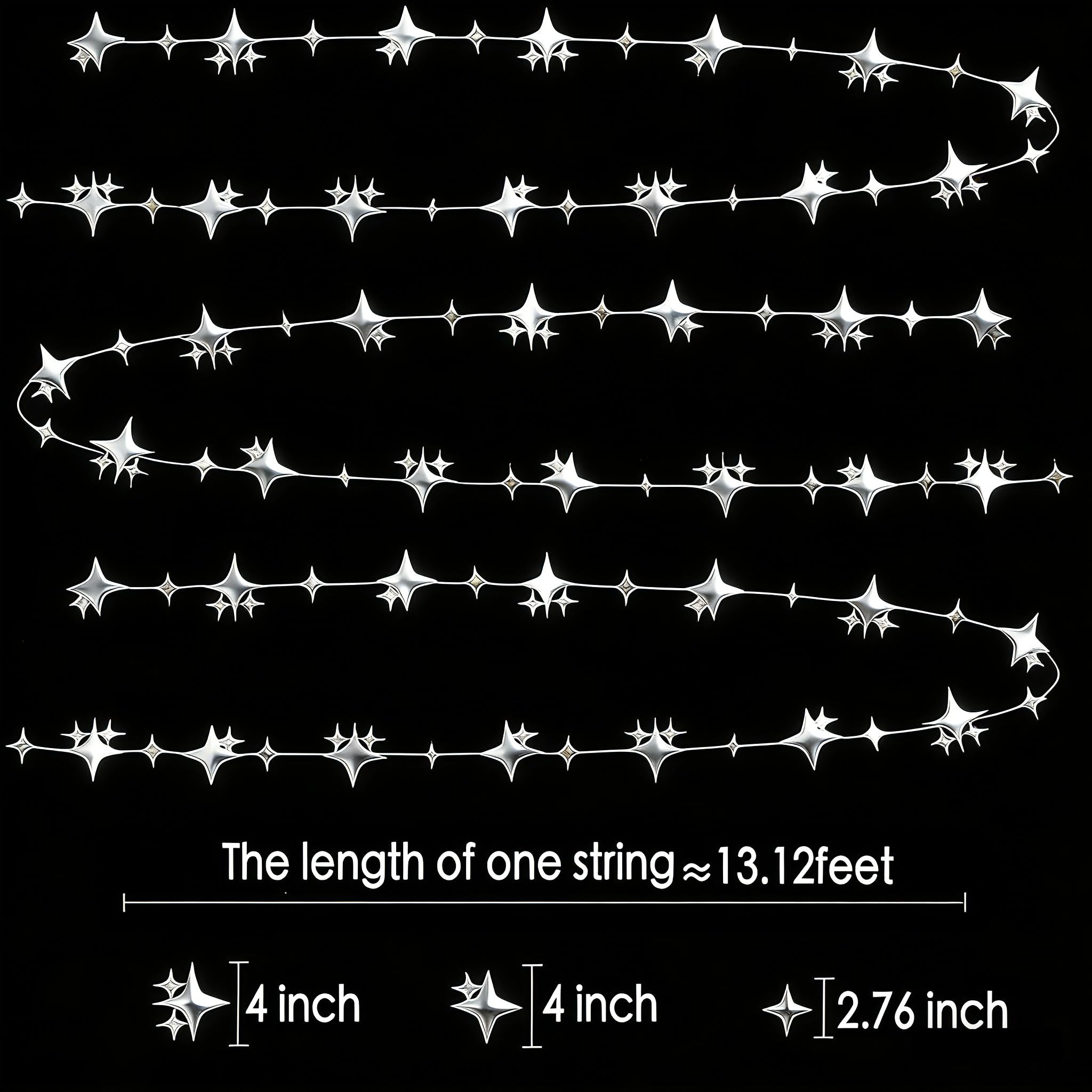 Glitzernde silberne 4-Punkt-Stern-Papiergirlande, Banner, Dekoration, 12 m, funkelnde silberne Sterne, hängende Wimpelkette, Banner, Hintergrund für Hochzeit, Babyparty, Geburtstag, Abschlussfeier