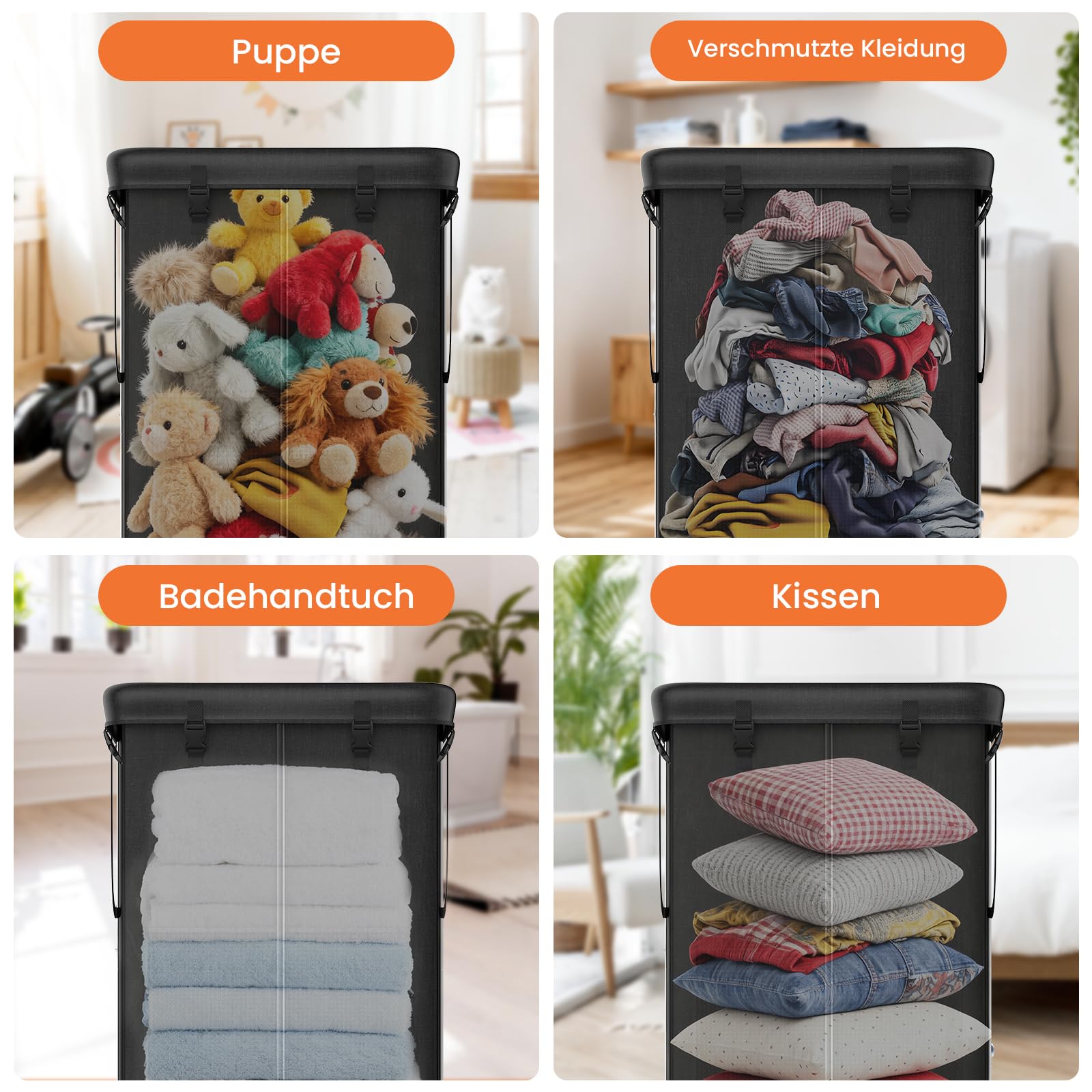 großer Wäschekorb, Wäschekorb Kleiderkorb, Metallrahmen und abnehmbare Taschen Design mit Rädern, geeignet für Schlafzimmer, Bad, Schlafsaal (Schwarz)