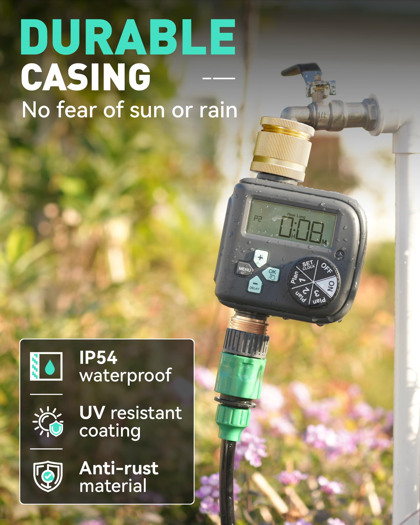 RAINPOINT Programmateur Arrosage Automatique avec Entrée et Sortie en Laiton, 3 Horaires, Retard De Pluie, Programmable par Semaine/Heures et Jours d'intervalle, Programmateur d'arrosage pour Jardin