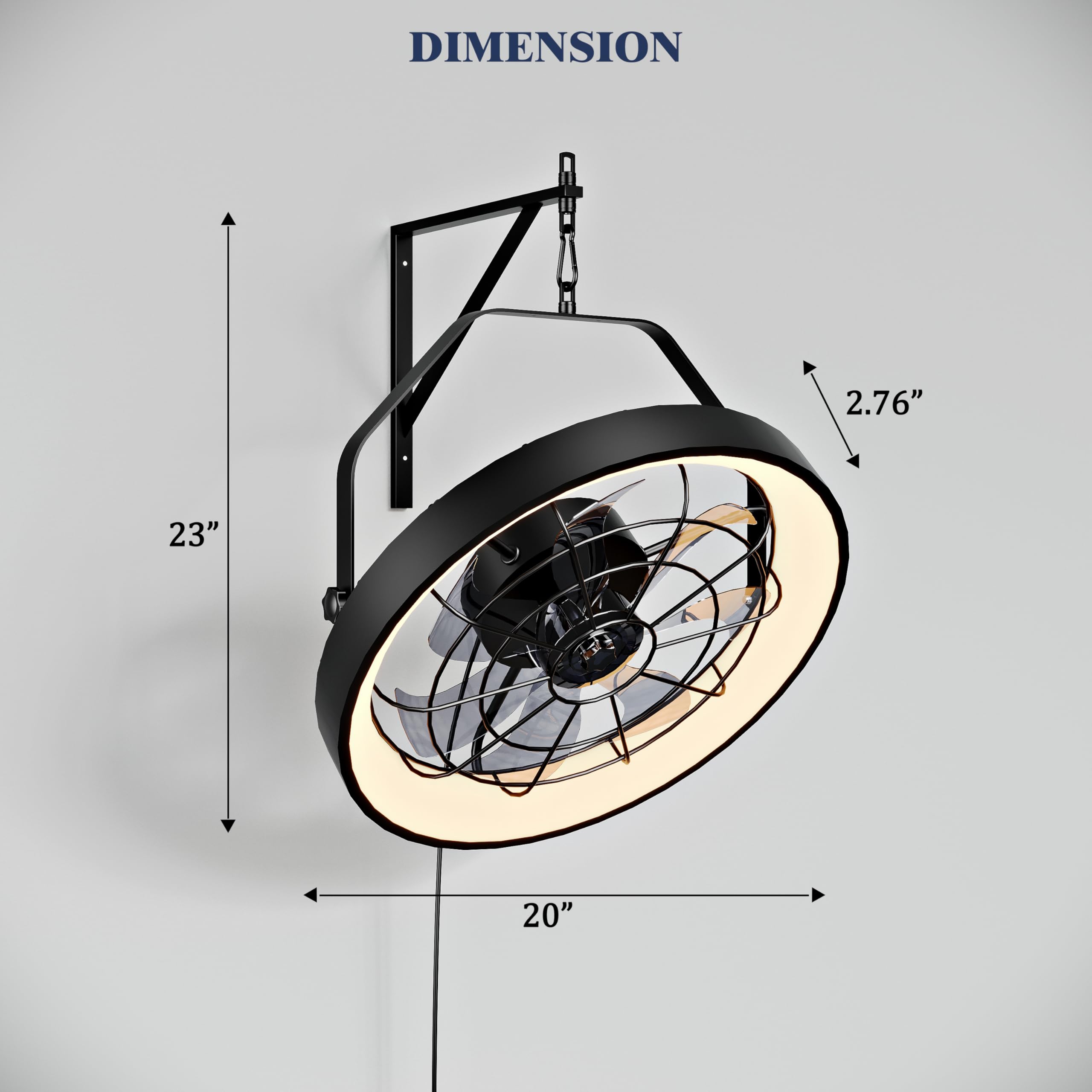 Ventilador de montaje en pared de 20 pulgadas con luz, ventilador de techo de alta velocidad de 5000 CFM de 6 velocidades, ventilador de exterior de inclinación ajustable con luz LED 4