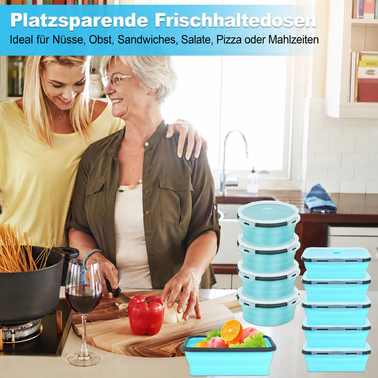 10er Set Faltbare Frischhaltedosen mit Deckel für Camping, 1200 ml