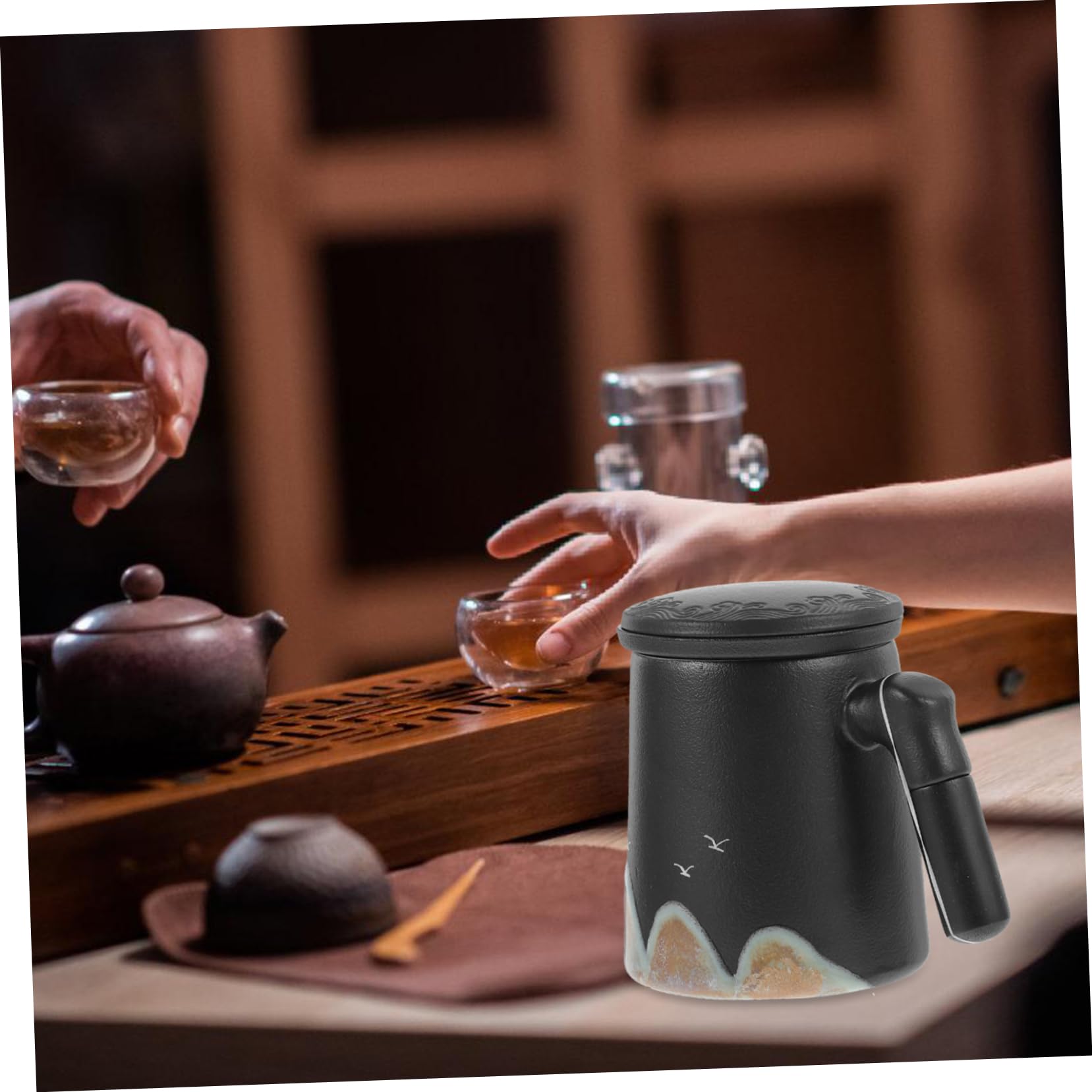DECHOUS Tasse à Thé en Céramique 410ml avec Couvercle et Séparateur, Noire