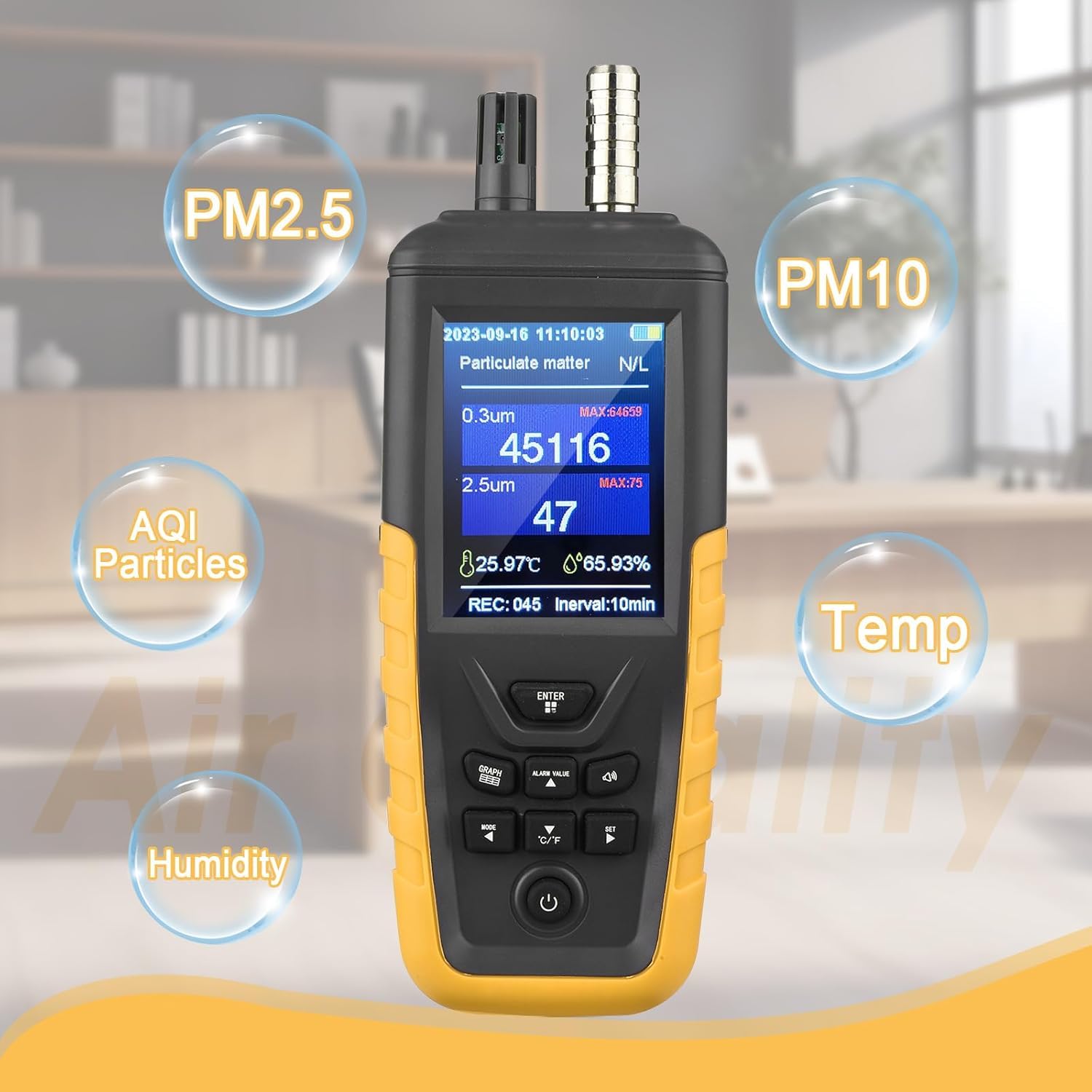 Dust Particle Counter Air Quality Monitor,High Sensitivity 3-Channel PM0.3/2.5/10 um Temperature and Humidity Monitor/USB Recharge Data Transfer/Storge Pollution Monitor