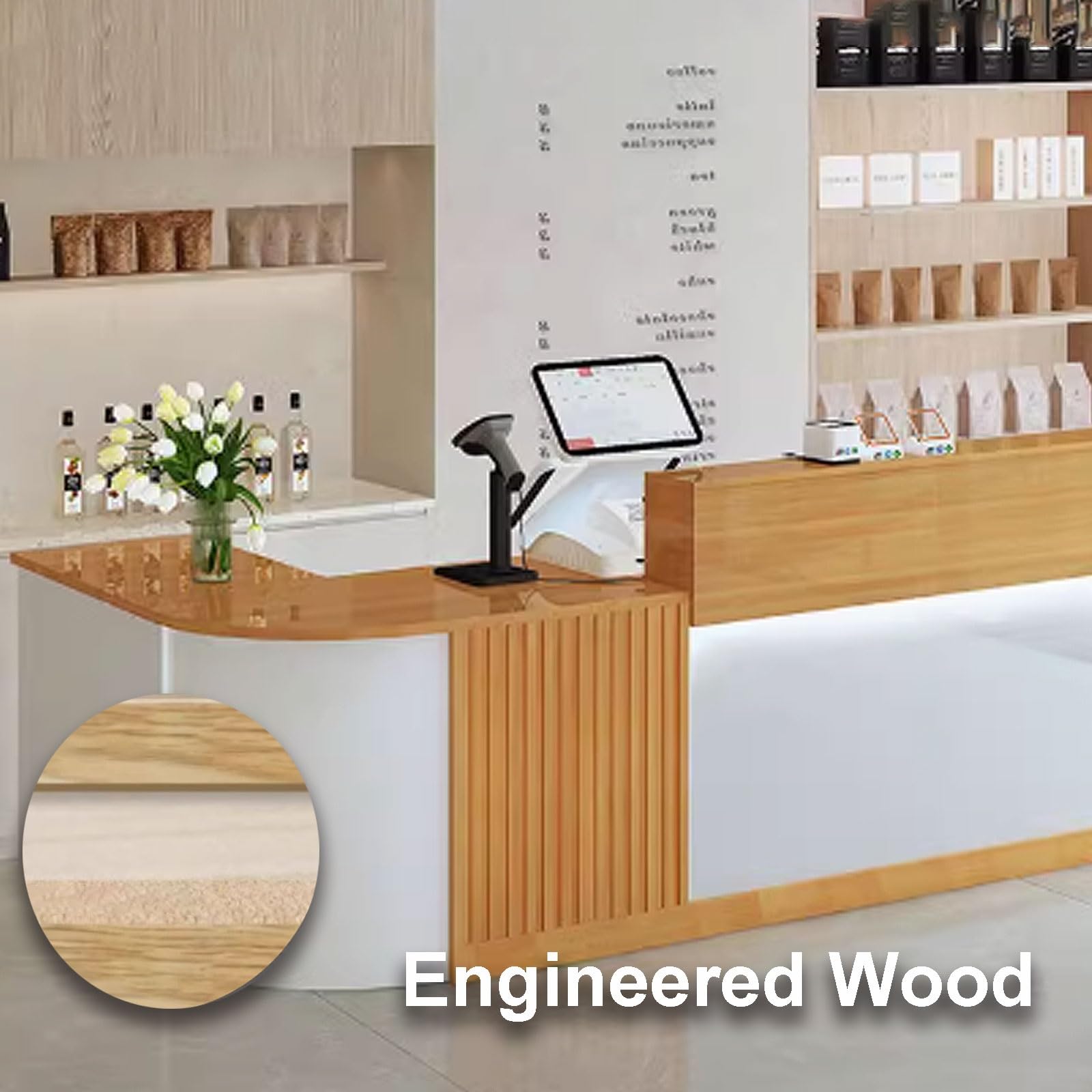 Escritorio moderno con cajones, vestíbulo y mesa de oficina en blanco y marrón, 140 cm, material de madera, diseño contemporáneo para uso empresarial