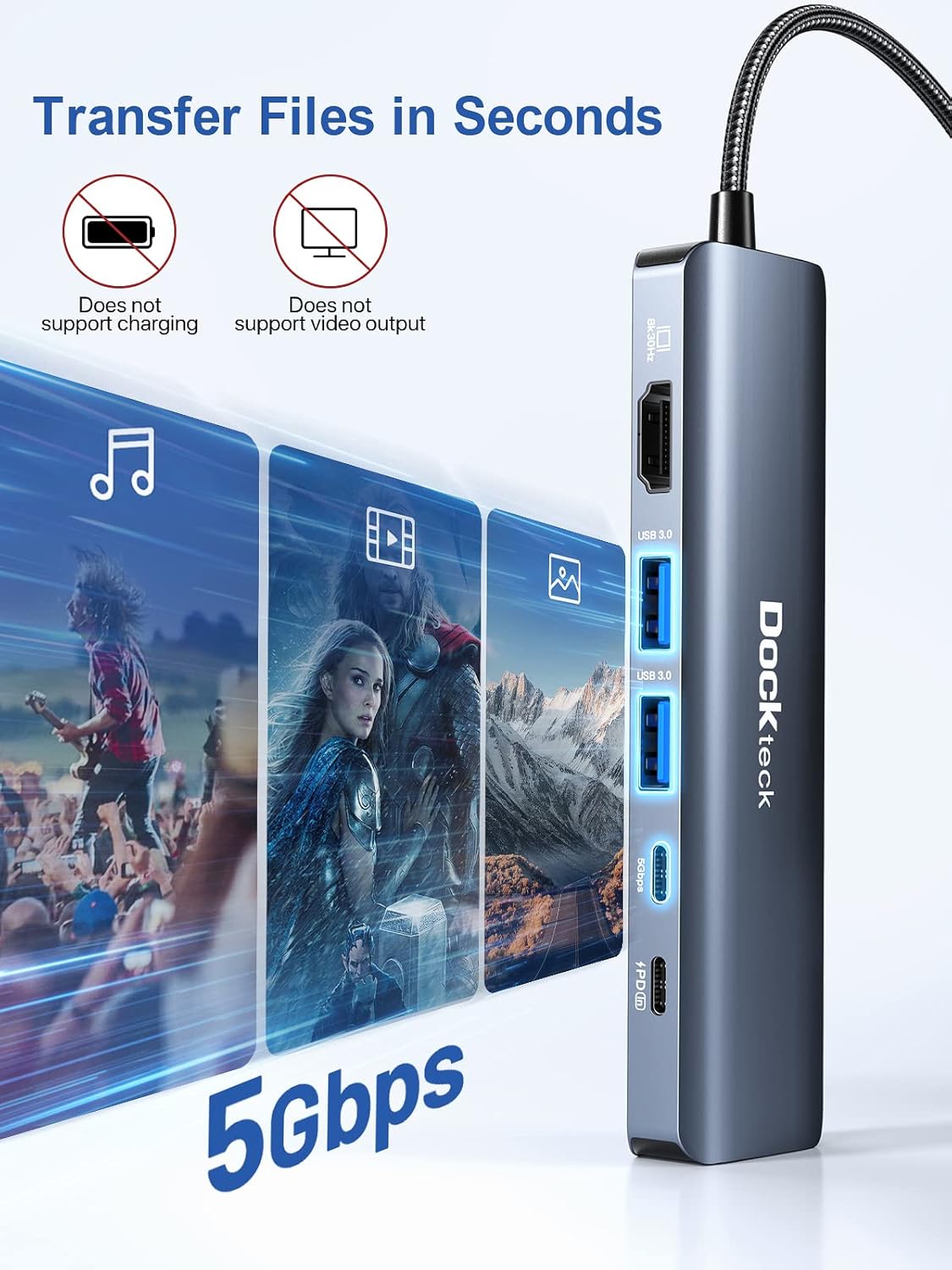 Dockteck USB-C 6 in 1 Multiport Adapter - 8K HDMI, 2 USB-A 5 Gbps, 100W PD, 1Gbps Ethernet for MacBook Pro, Air, HP, XPS and More