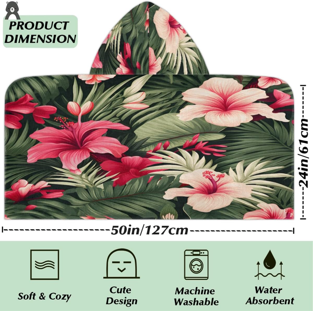 Kids Bath Towel Tropical Flower Palm Beach Towel with Hood Pool Cover Up for Girls Boys Soft Absorbent Hooded Bath Towel Toddler Towels for Beach, Pool