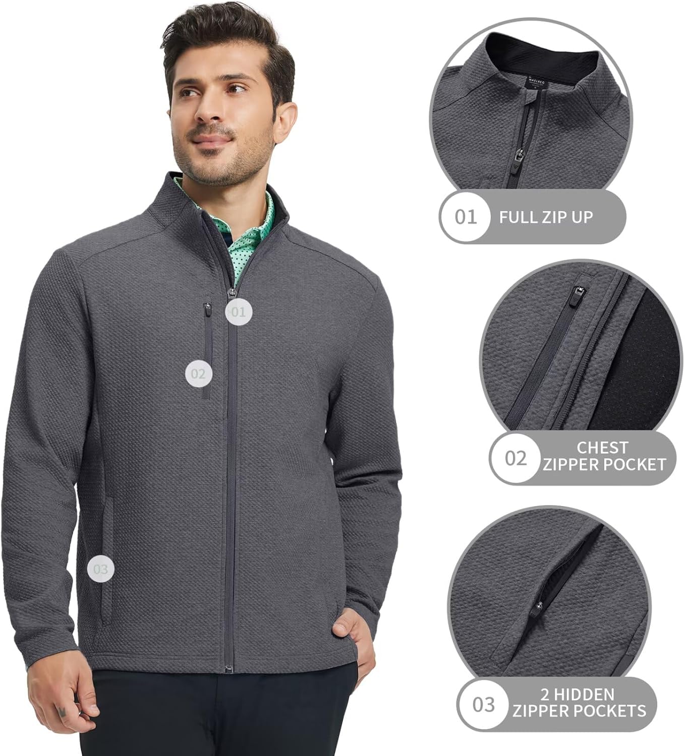 M MAELREG Mens Winter Jacket Performance Thermal Stand Collar Full Zip Textured Insulated Casual Jacket with 5 Pockets - Image 4