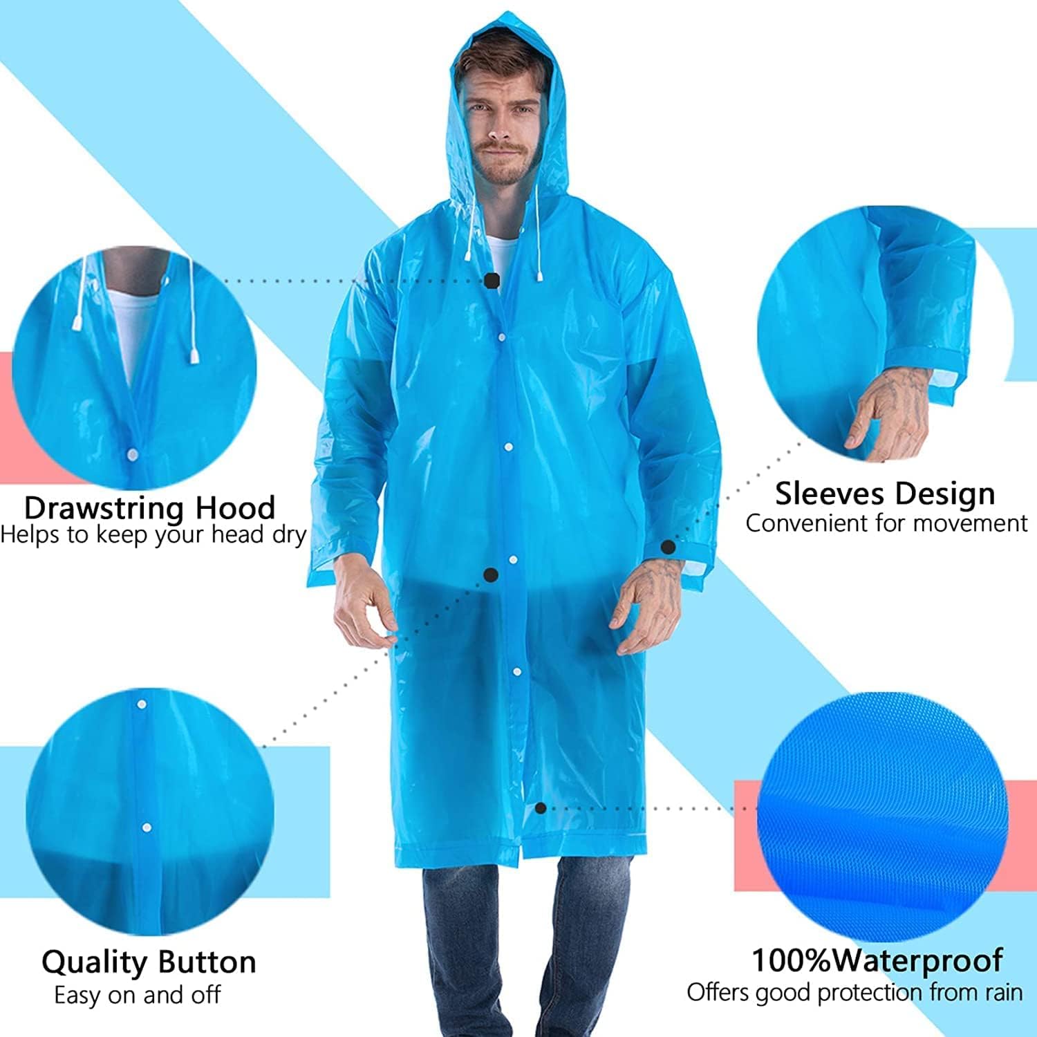 Hacer EVA Rain Poncho rain coat for Men & Women, Lightweight Waterproof Raincoat with Hood, Adjustable Drawstring & Snap Button Closure Reusable Outdoor Rainwear for Boys & Girls (Free Size, Sky Blue) 1