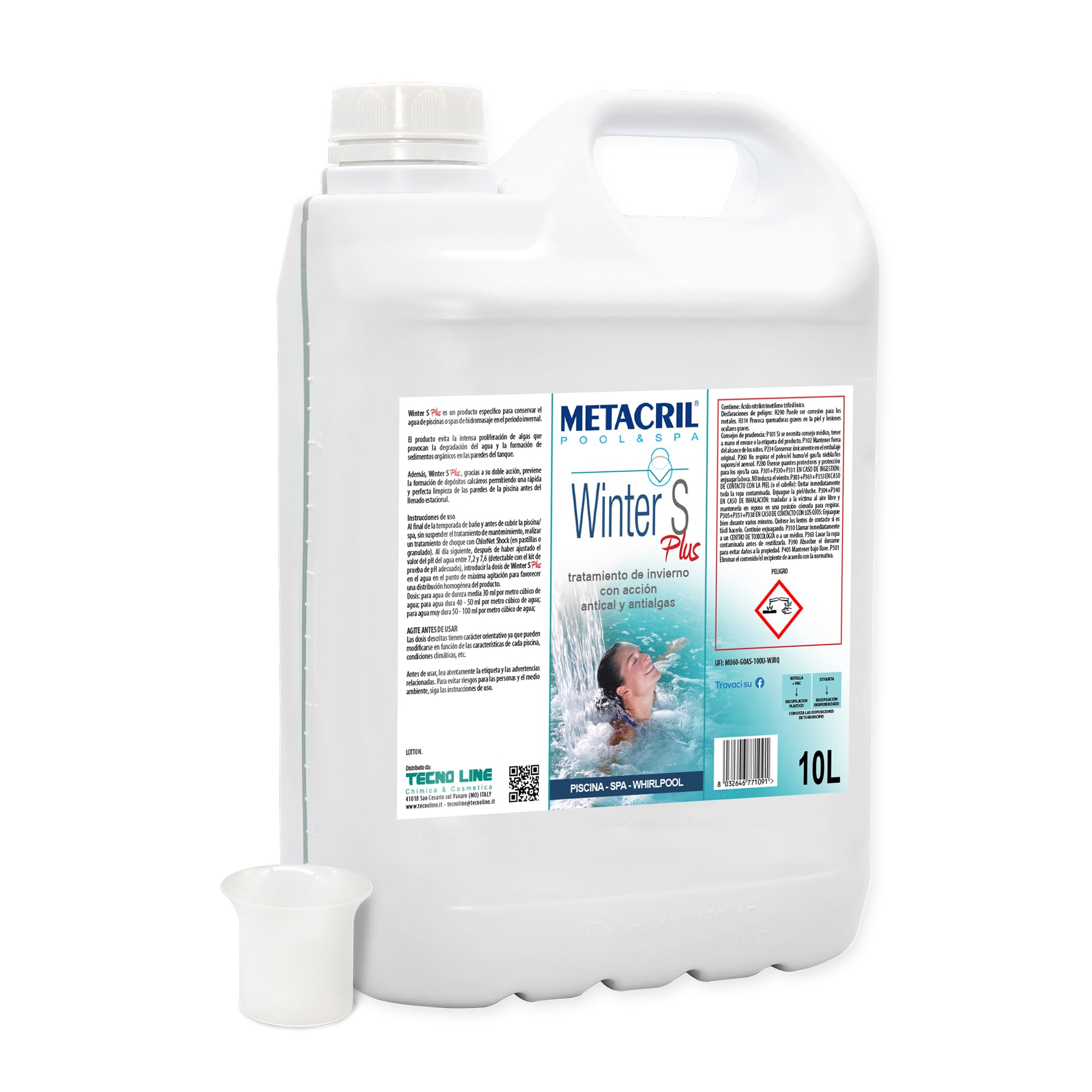 Metacril Pool & Spa Winter S Plus, Traitement d'hiver avec action anti-calcaire et anti-algues, pour piscine et spa hydromassage – 10L + distributeur