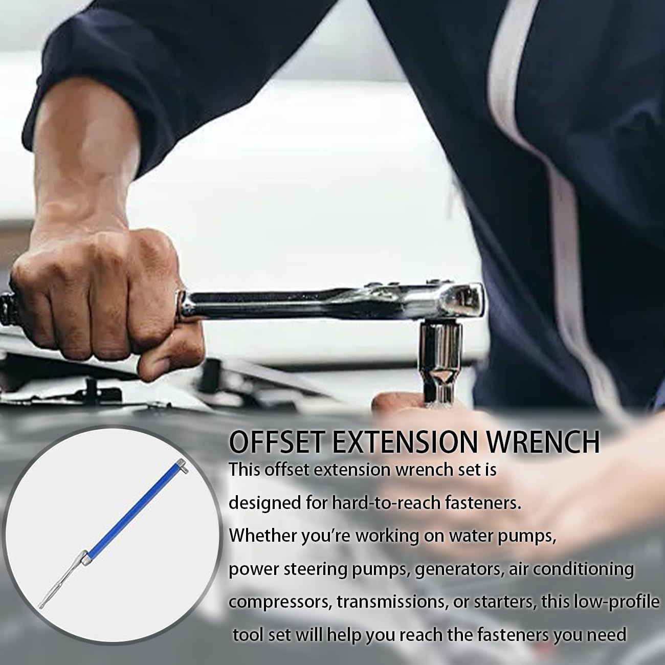 Offset Extension Wrench Set 15.4-Inch in Length, Adaptable to Impact Wrenches, with 1/2"", 1/4"", 3/8"" Square Bit Drive Adapter and 1/4"" Bit Drive Adapter, Universal Ratchet Extension Wrench (Blue)