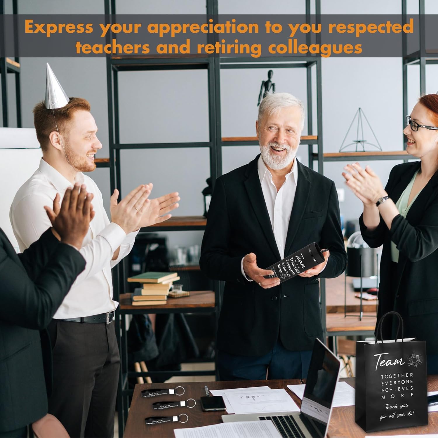 Paterr 60pcs Employee Appreciation Gifts Include 12 Employee Appreciation Cups with Straws 12 Notebook 12 Inspirational Pens 12 Thank You Paper Bags 12 Silicone Keychains for Team Colleagues