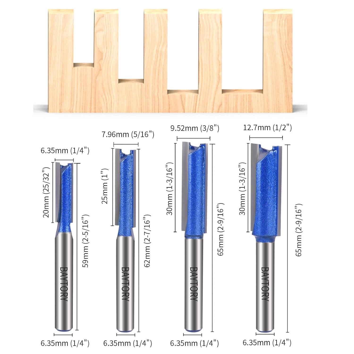 BAYTORY 5PCS Plus Double Flute Straight Router Bit Set, 1/4" Shank, Cutting Diameter in 1/4", 5/16", 3/8", 1/2". Carbide Bits Easy for Groove or Hollow, Can Stayed Sharp Throughout Multiple Uses - - 