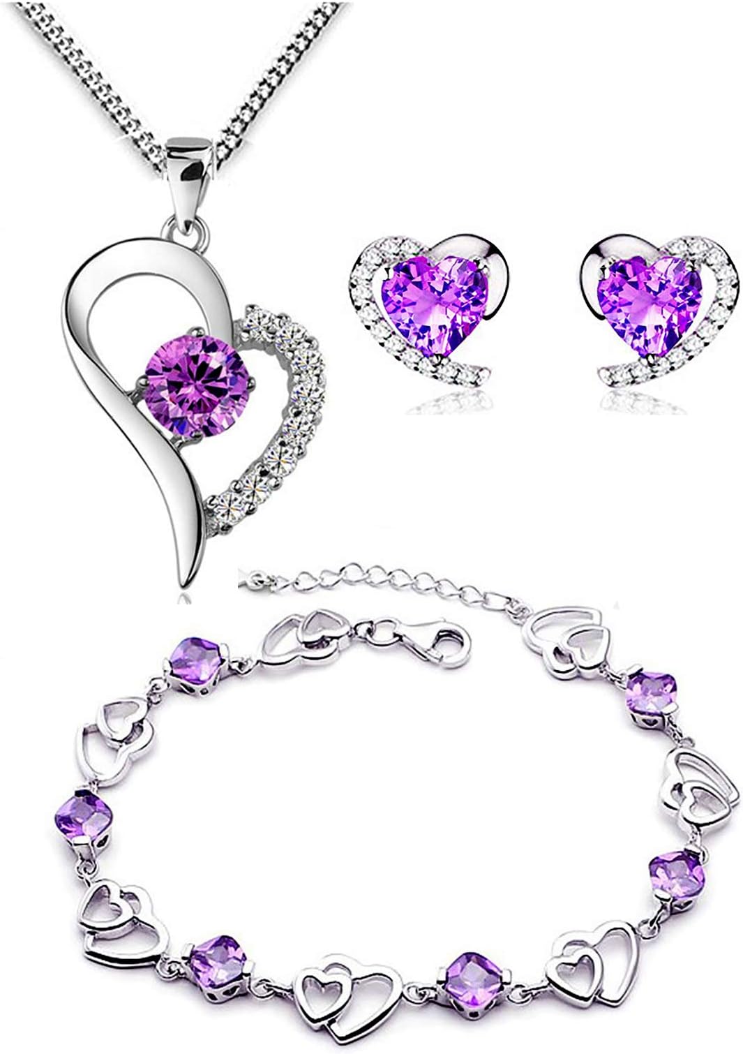 findoutLadies Silver White Crystal Heart Shape Set Earring and Pendant Necklace+Bracelet