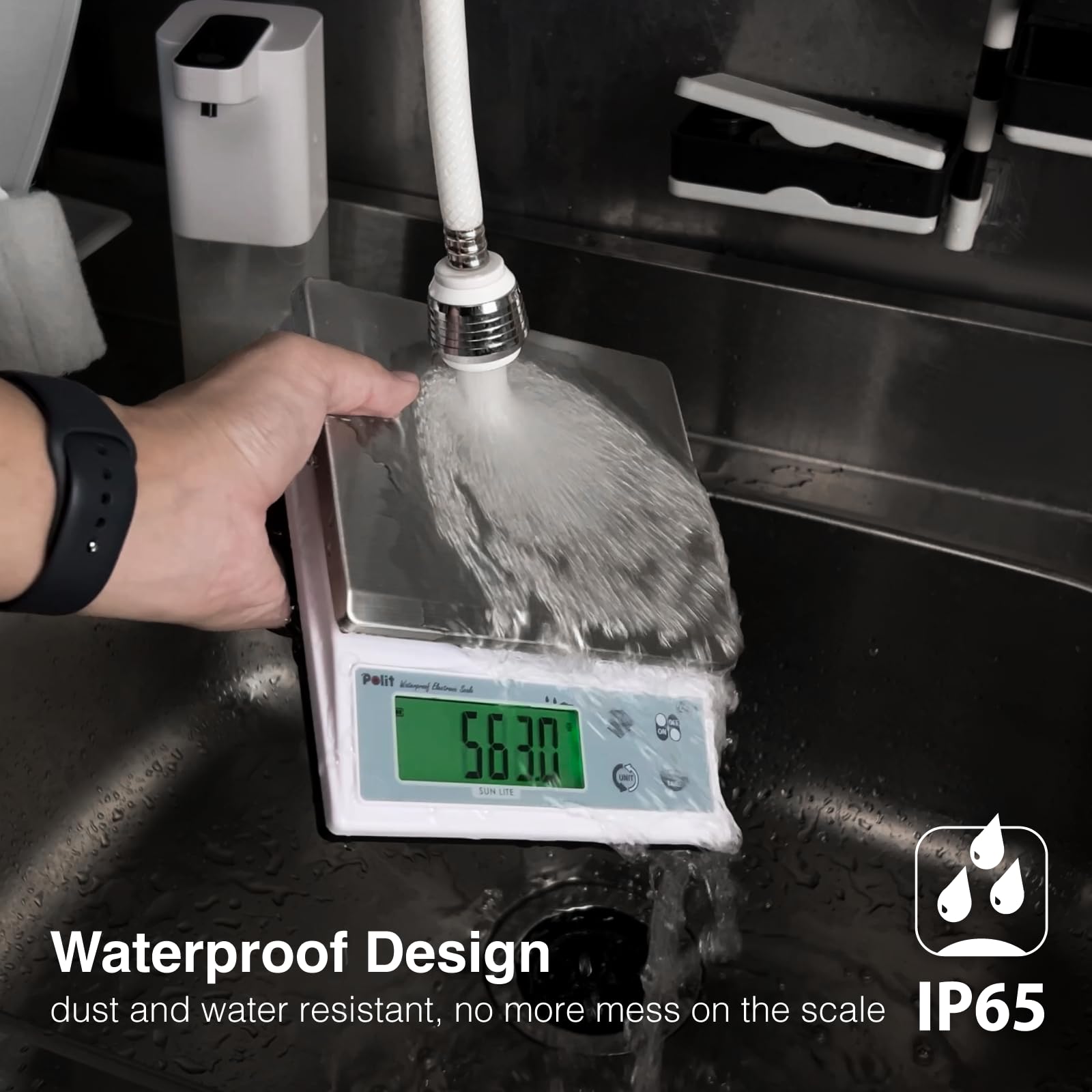 Polit Sun Lite - Báscula digital de cocina para alimentos, 3 kg, precisión de 1 g a 0,1 g, acero inoxidable impermeable con pantalla LCD, 5 unidades de peso (con adaptador de corriente)