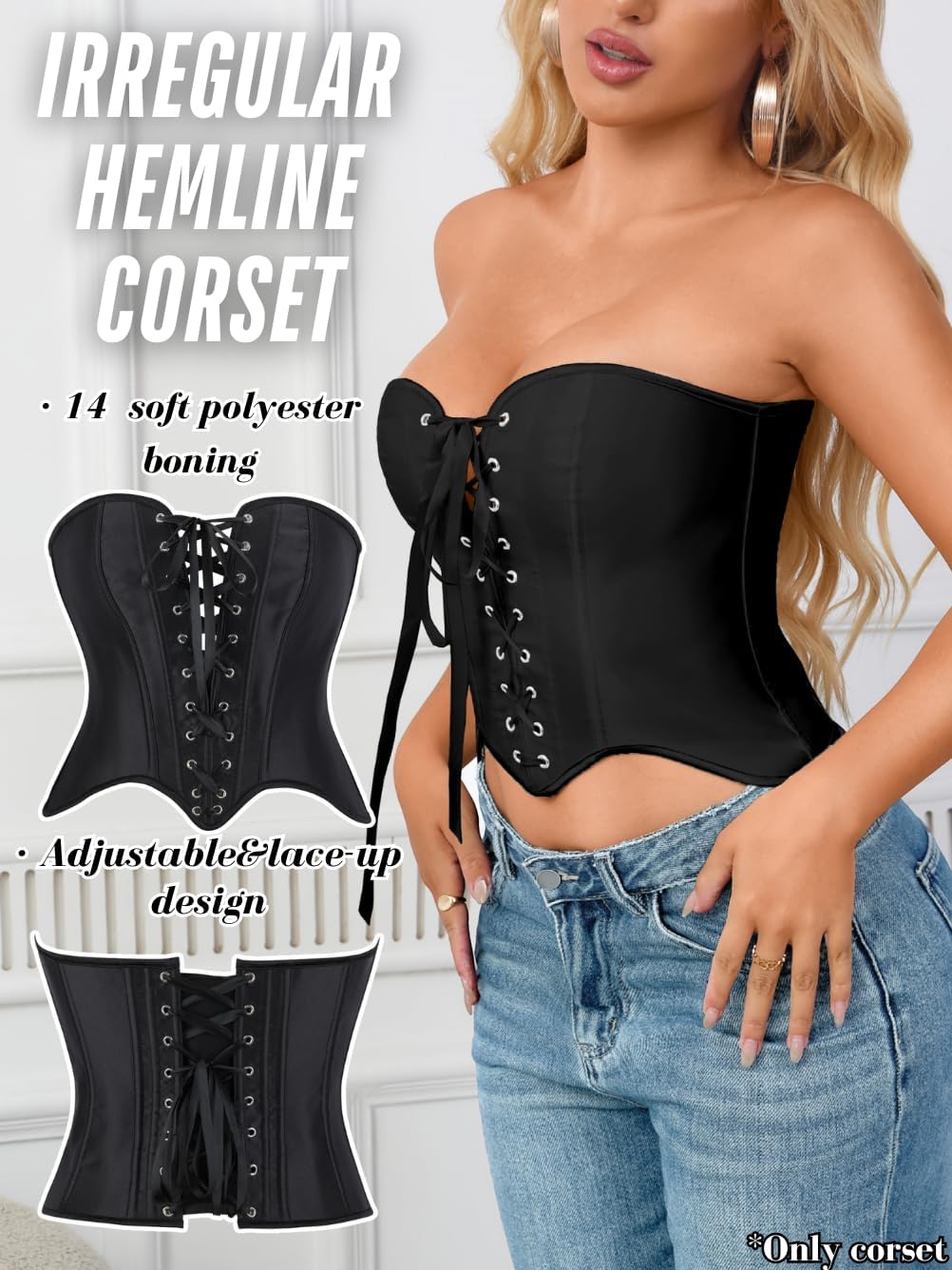 Kaei&Shi Women Strapless Overbust Satin Corset Tops,Renaissance Lace Up Bustier Crop Top For Going Out