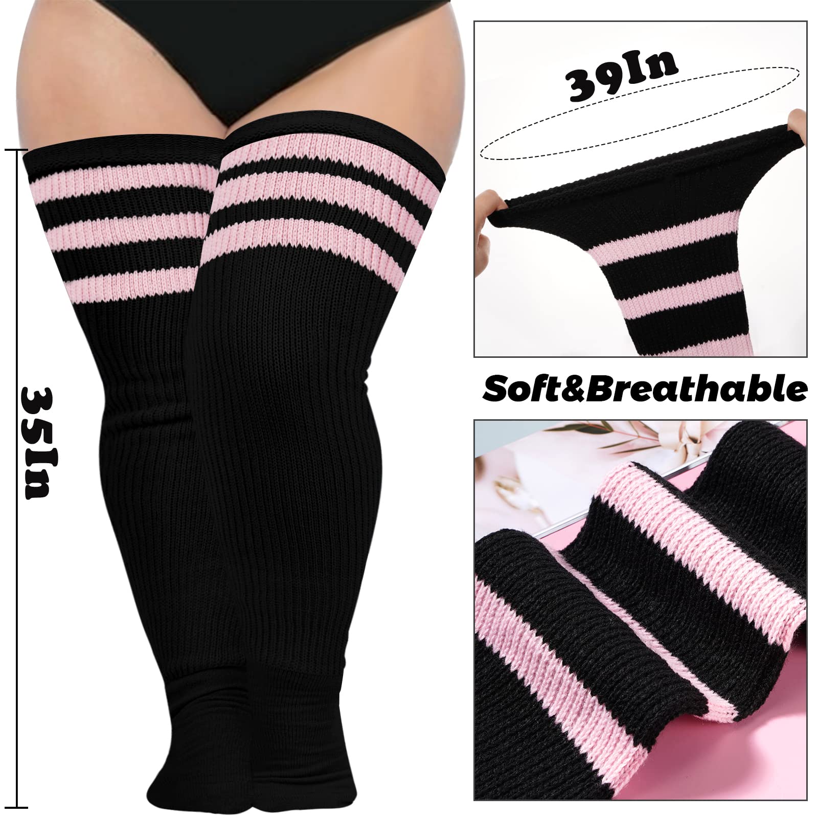 Abodhu Plus Size Thigh High Socks for Thick Thighs Women- Extra Long Widened Extra Long Thick Knit: Black & Light Pink