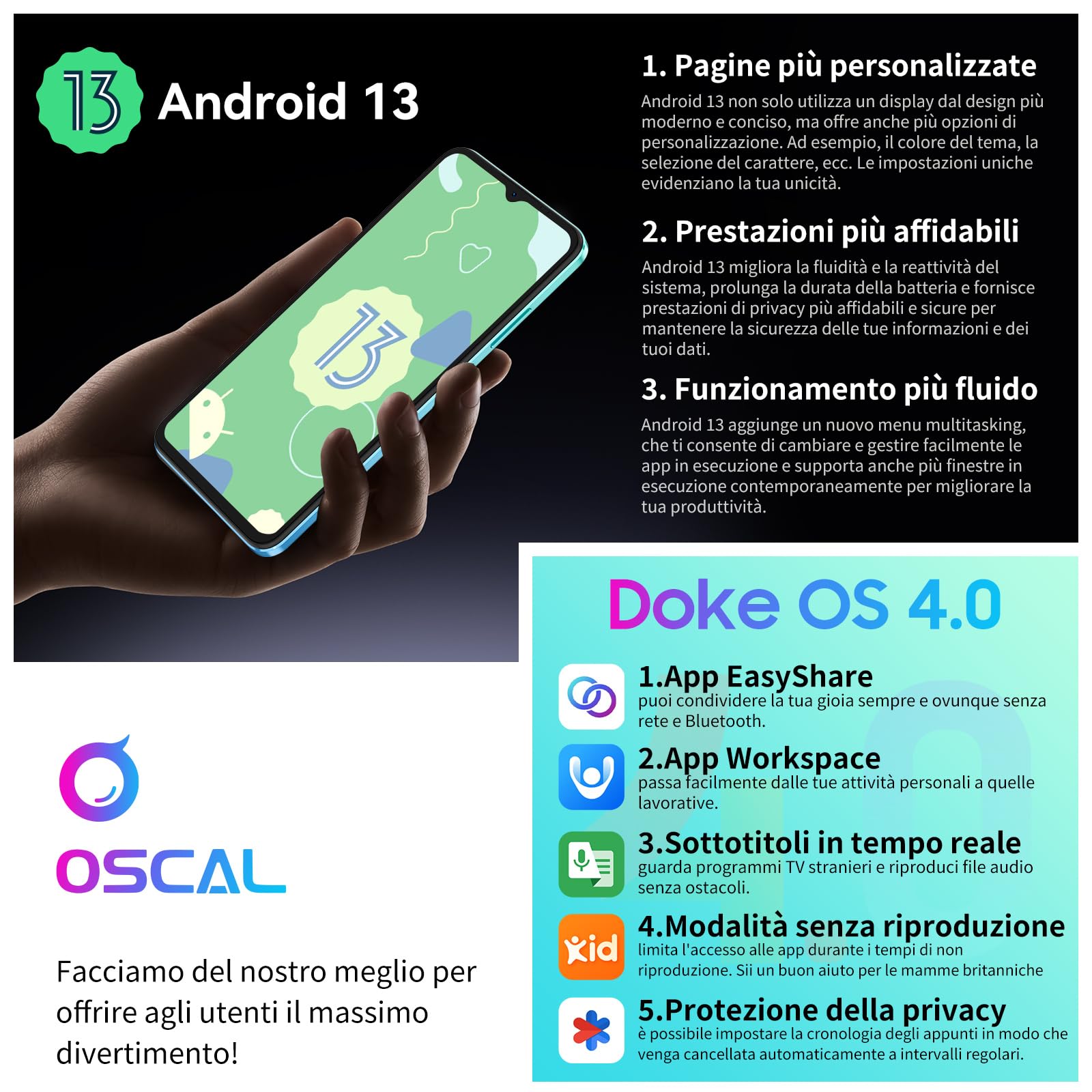 OSCAL Flat 1C Smartphone 4GB RAM 32GB ROM 1TB Espandibile, 4700mAh, 6.5" HD+, 8MP+5MP, 4G Dual SIM Telefono Cellulare, Android 13 Smartphone Offerta Octa Core/BT4.2/5G Wi-Fi/Face ID/OTG Blu