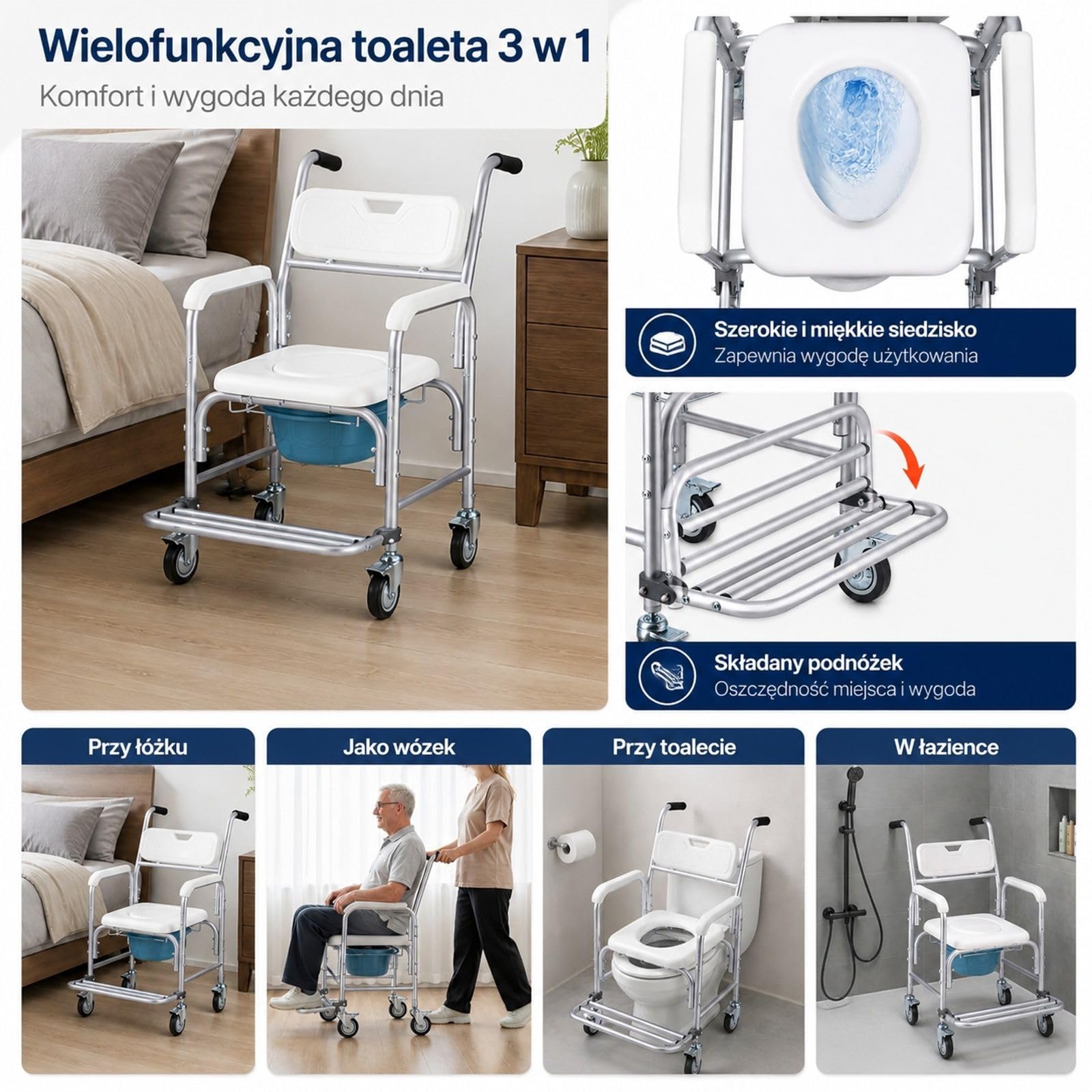 Krzesło toaletowe 4 w 1 na kółkach, wyściełane siedzisko, oparcie, składany podnóżek, wyjmowane wiadro 5 l oraz obrotowe rolki 360° do łazienki