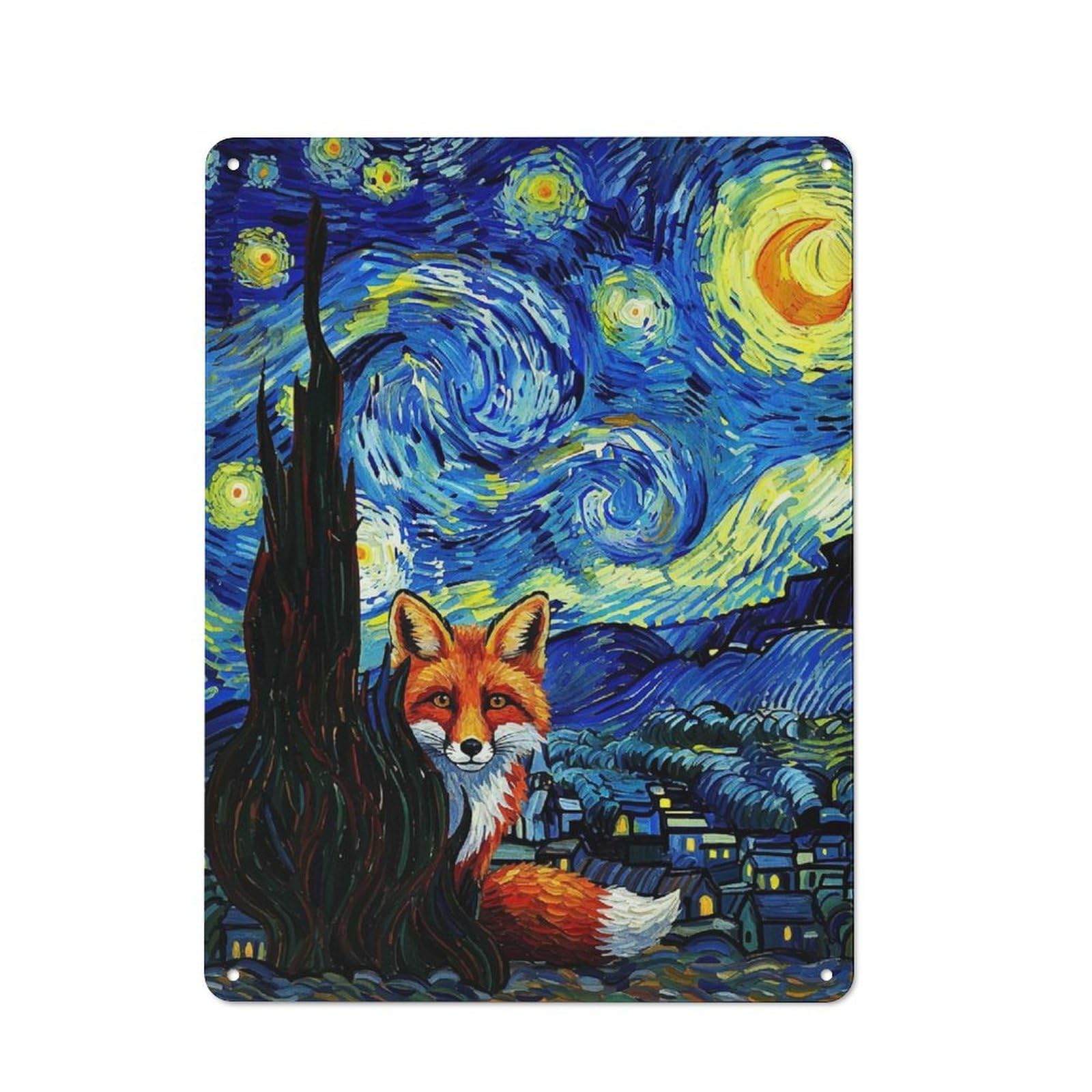 Junmoney Fox In Starry Night Style Country Style Metal Wall Decor 40X30cm, Decorative Metal Sign For Kitchen, Cafe, Pantry Or Dining Room