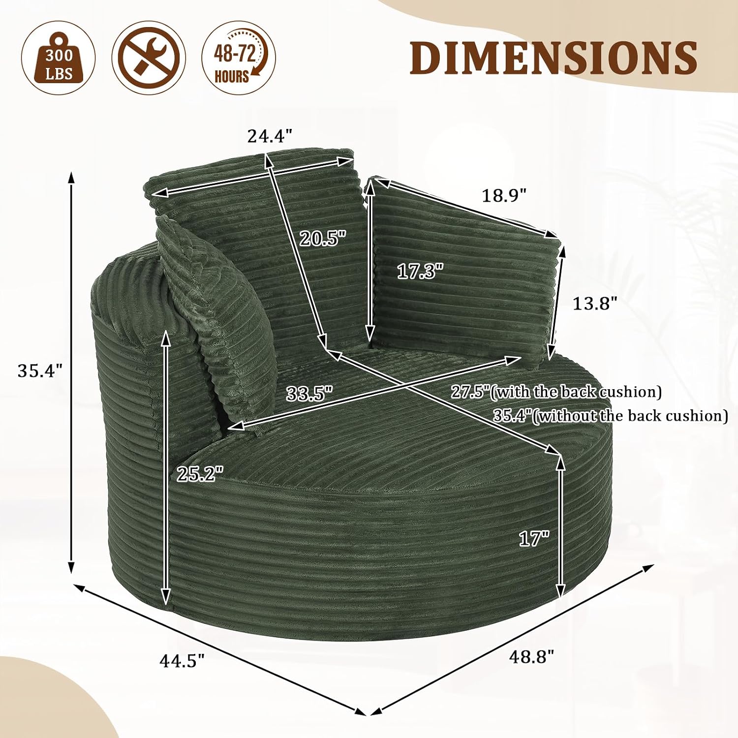Round Chair Lounge Chaise Indoor, 48.8" Oversized Sofa Chair Upholstered Corduroy Deep Seat Sleeper Sofa Bed No Assembly Required for Living Room, Bedroom Apartment, Green