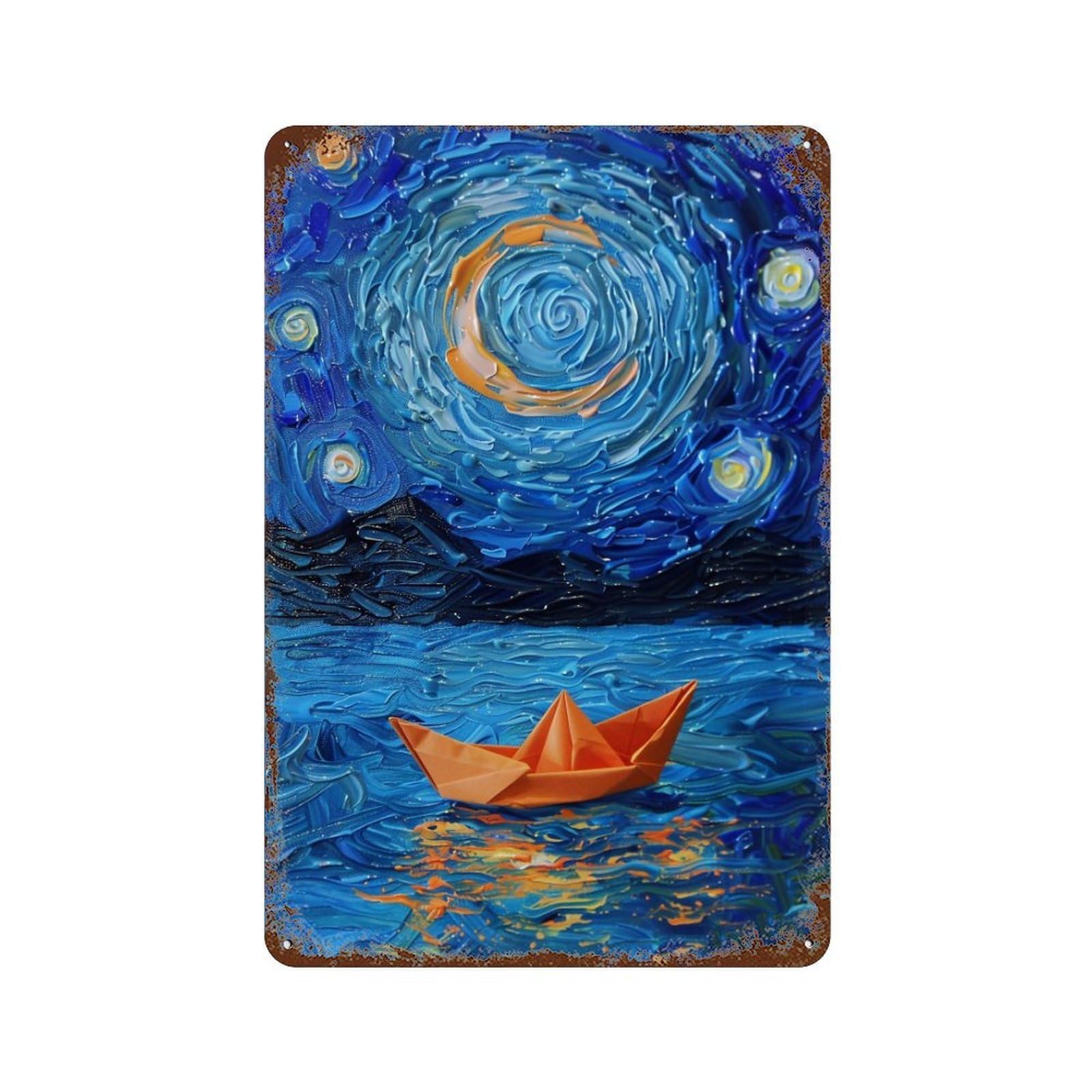 WIHYRTUI Van Gogh Style Twirl Blue Night Waterscape with Golden Vessel 04 Wall Retro Iron Metal Tin Sign Vintage Art Poster Modern Home Cofffee Club Art Bar Shop Decor Style 30x20cm