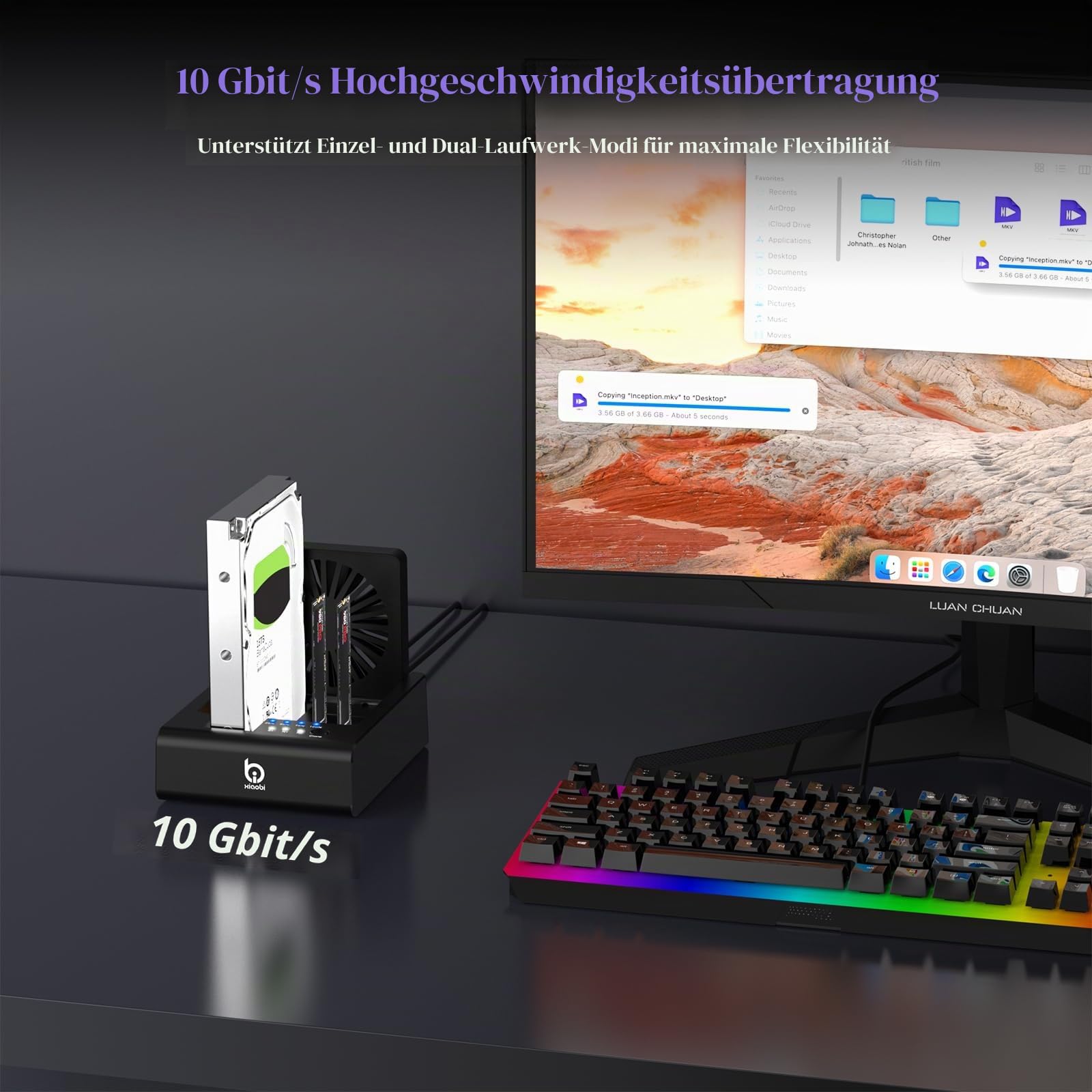 M.2 NVMe & SATA Festplatten-Dockingstation, USB C 10 Gbit/s Festplattenkloner für M.2 PCIe NVMe + SATA 2,5 Zoll / 3,5 Zoll HDD-Konverter, Offline-Klonen, werkzeuglos, Lüfter