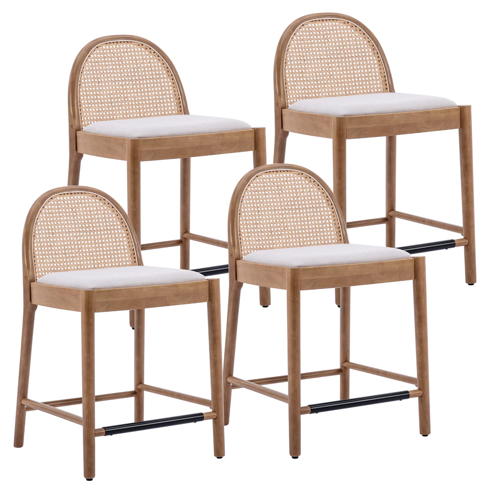 LukeAlon Modern Linen Counter Stools Set of 4, 26" Seat Height Low Bar Stools with Wooden Legs Natural Rattan Cane Back Counter Height Bar Chairs with