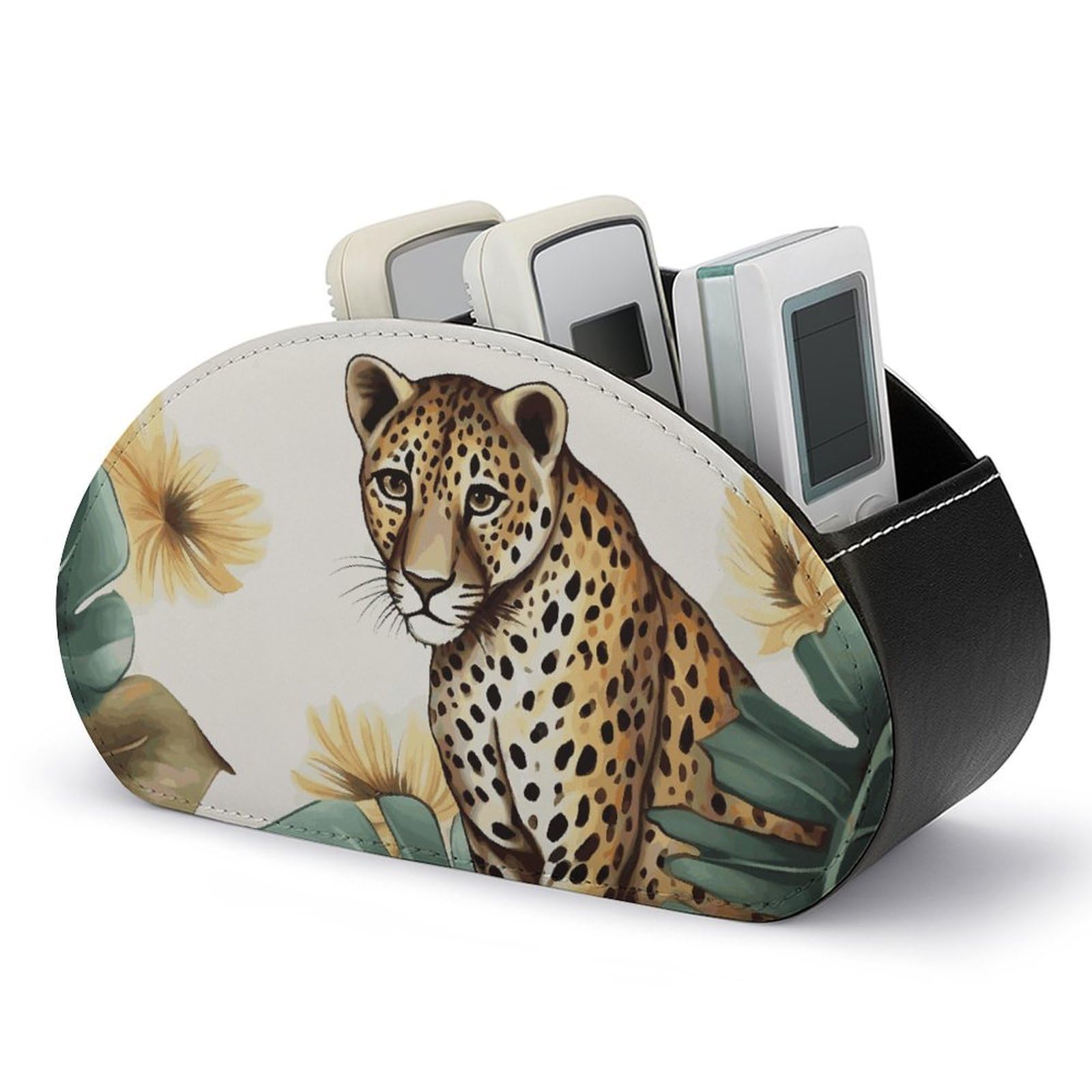 JTREHY - Leopard and palm leaves remote control holder with 5 compartments PU leather multifunctional computer storage box bedside tray