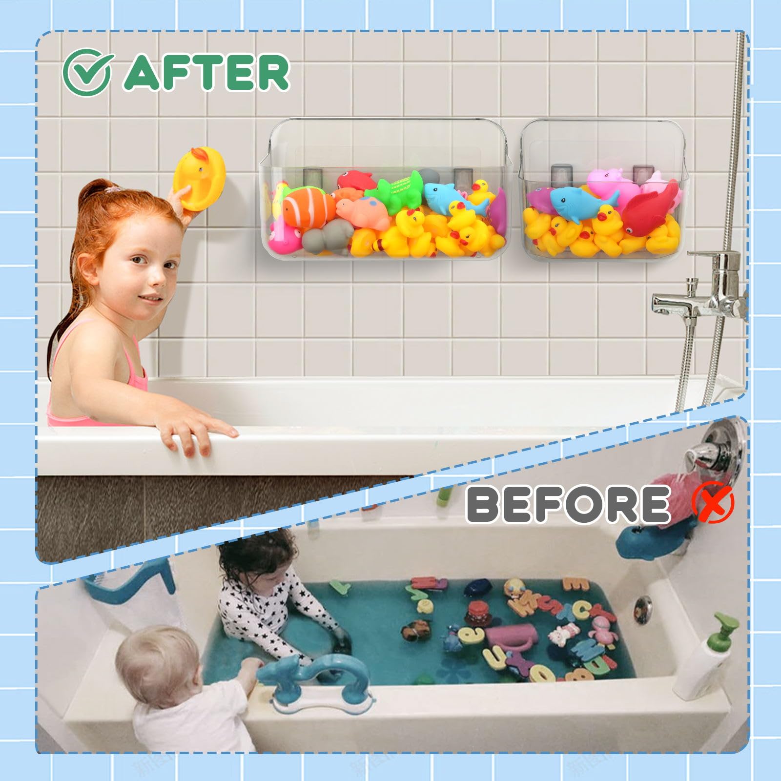 CQUNM Bath Toy Storage Holder For Bathtub, Clear Bath Toy Organizer Large Capacity Bathtub Toy Storage Shower Caddy For Bathroom (2 Large