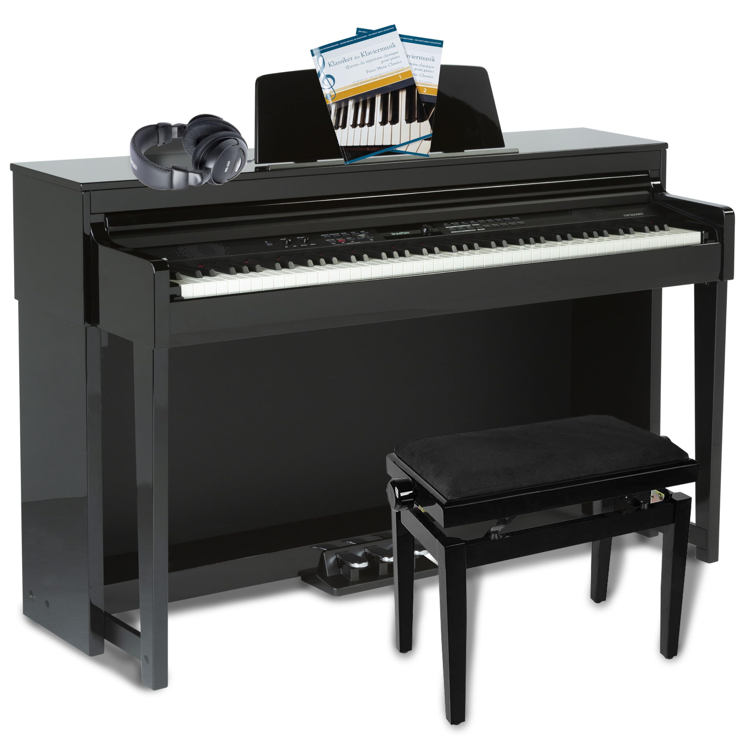 Fame DP 8600 BT PE V2 E-Piano Set, 88 Tasten Hammermechanik, USB MIDI, 256 Polyphonie, Hochglanz Schwarz, inkl. Klavierbank, Noten & HiFi Kopfhörer - Komplettset für Pianisten