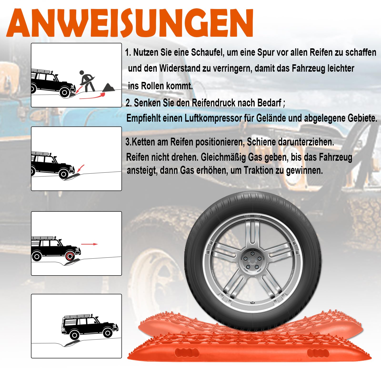 YRHome 2 Stück Sandbleche Anfahrhilfe Wohnmobil Recovery Board Offroad Traktionshilfe Traktionsmatte Traktionsband Schwarz Schlamm Sand Schnee Reifenleiter für Geländewagen LKW PKW 10T Orange