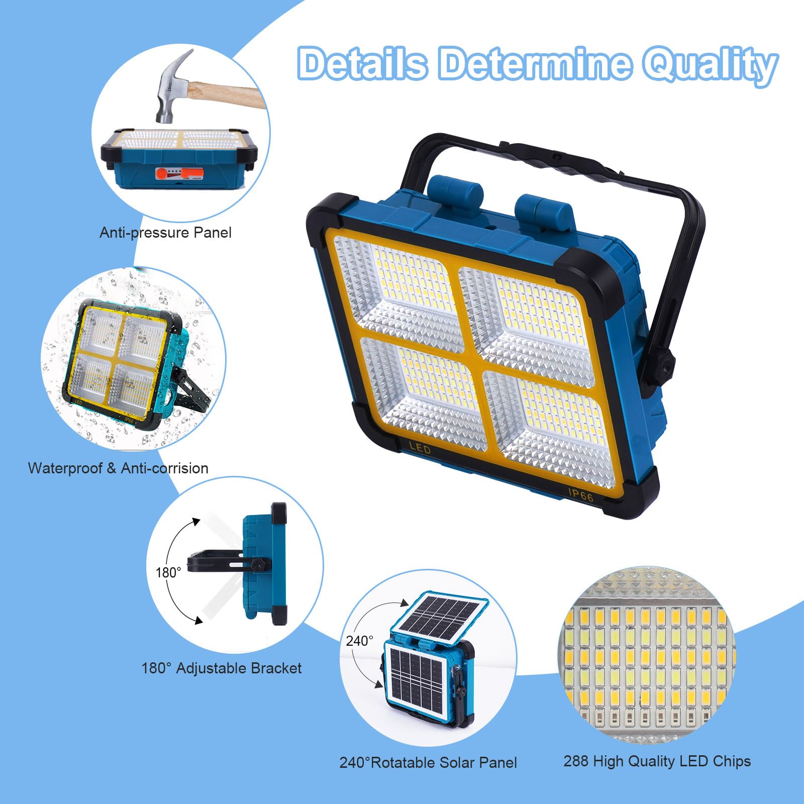 Faro LED Ricaricabile 150W,Fosingut Faretto LED Esterno con Doppio Pannello Solare Portatile,11000mAh Batteria Lampada Emergenza Proiettore Luce da Lavoro,Campeggio,Cantiere,Pesca,Riparazione Auto-2p
