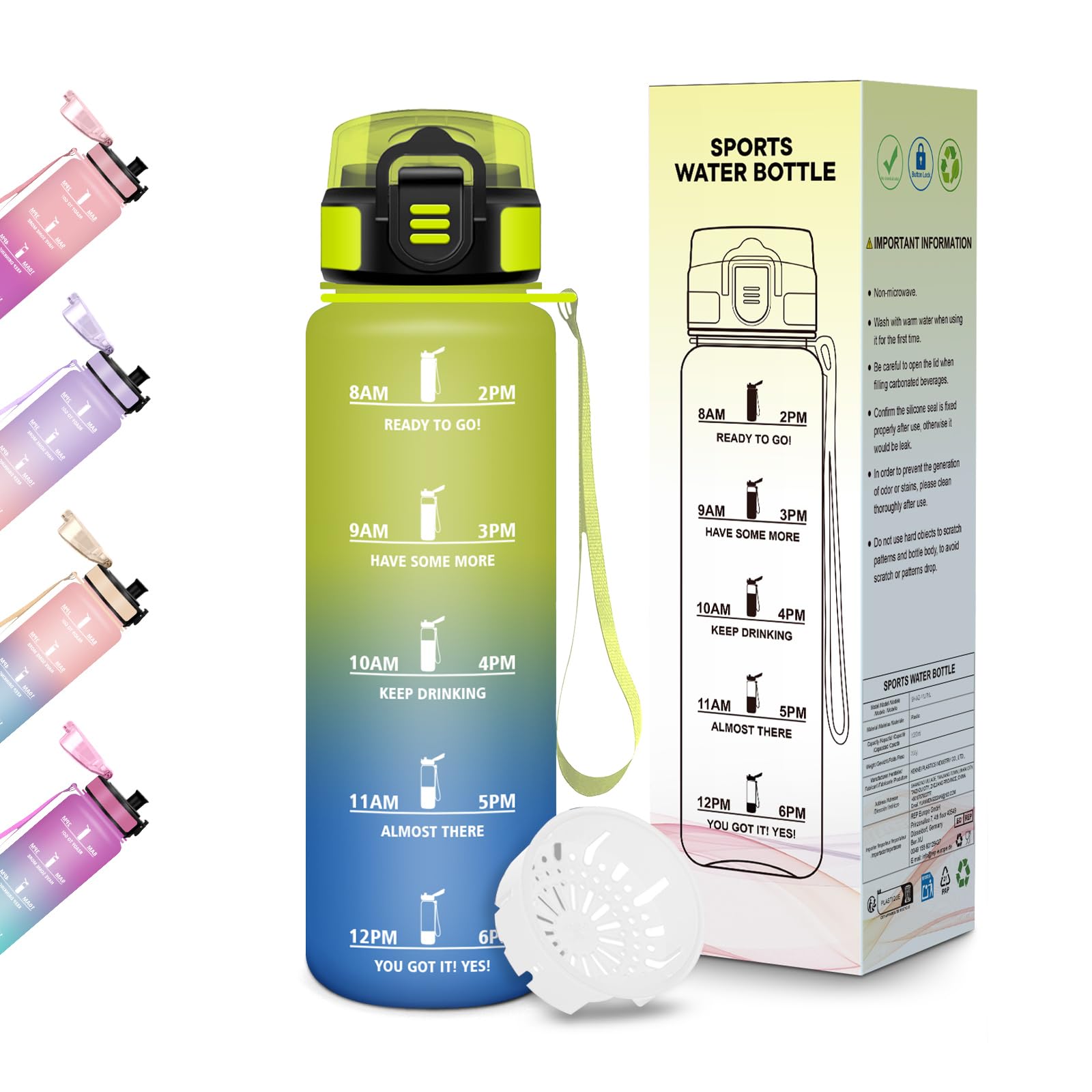 Trinkflasche, 500ML BPA-Frei, Wasserflasche, Auslaufsicheres Schlossdesign, Gym Flasche, Flasche mit zeitmarkierung, Trinkflasche Kinder Auslaufsicher für Schule, Yoga, Läuft, Camping - Gelb&Blau