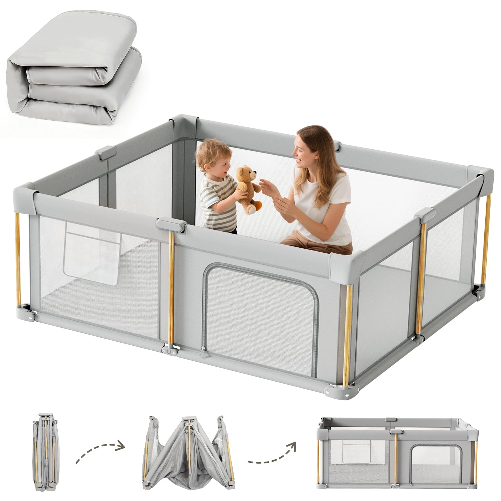 Foldable Baby Playpen with Mat, 50x50 Foldable Play Pen for Babies and Toddlers, Baby Playpen with Portable Design, Collapsible Play Yard for Fence