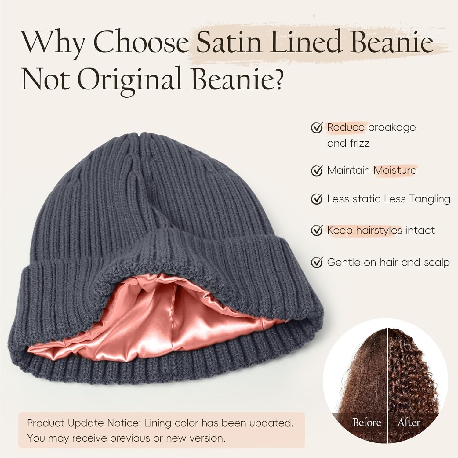 Womens Satin Lined Beanie Knit Winter Hats for Women Men Silk Lining Soft Warm Cuffed Beanie Skull Stocking Cap - Image 3