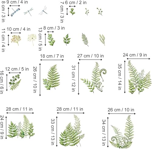 Miniatura 5 de decalmile Calcomanías de esquina de pared con plantas de helecho verde, hojas tropicales, base de libélula y línea de zócalo, pegatinas de pared