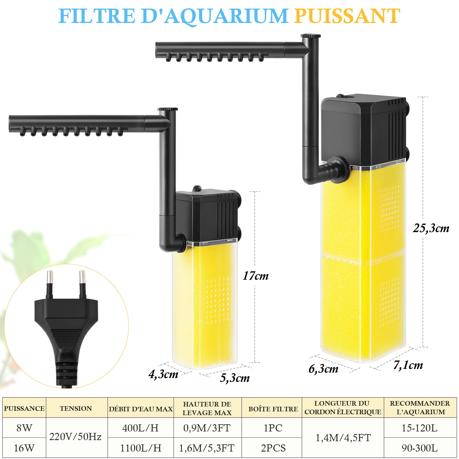 FEDOUR 8W 16W Filtre Immersible pour Aquarium, Filtre Interne de Bassin à Poissons Silencieux avec Barre de Pulvérisation, Puissant Filtre pour Aquarium de 15-300L(8W pour 15 – 120 litres)