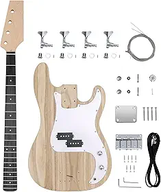 Kit de baixo elétrico DIY para iniciantes, 4 cordas, estilo baixo PB com corpo Paulownia, pescoço de bordo rígido, engenharia de madeira, estrutura cromada, construa seu próprio baixo.