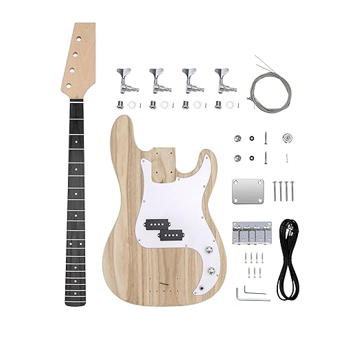 DIY Bass Guitar Kit 4 String Beginner Kits PB Bass Style Right Handed with Paulownia Body Hard Maple Neck Engineered Wood Fretboard Chrome Hardware Build Your Own Bass Guitar.