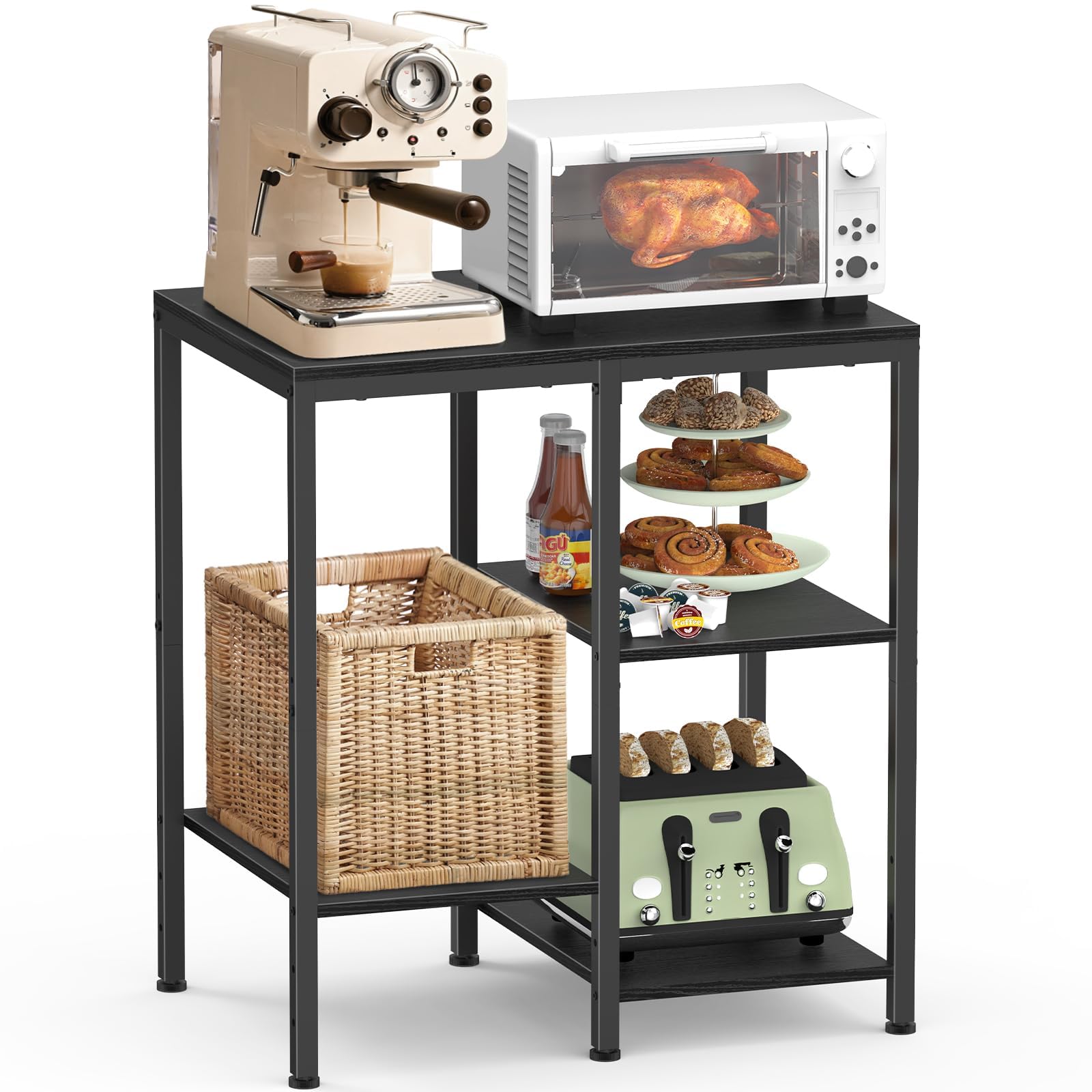 OGEMXU Kitchen Microwave Stand,4-Tier Adjustable Bakers Rack,Multi-Purpose Kitchen Storage Cart for Coffee Station,Space-Saving Metal Appliance Shelf for Living Room (Black)