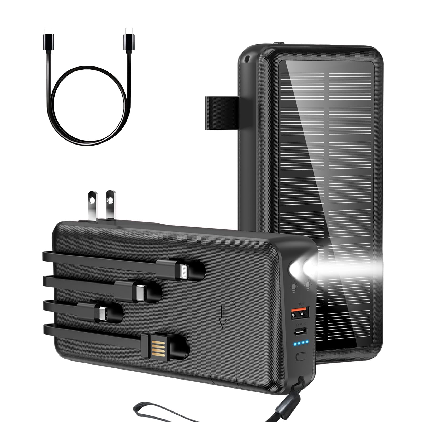 boogostore Portable Charger with Built in Cable and Wall Plug 50000mAh PD30W Fast Charging Solar Power Bank with 5 Output & 2 Input Dual LED Flashlights Phone Holder External Battery Pack (Black)