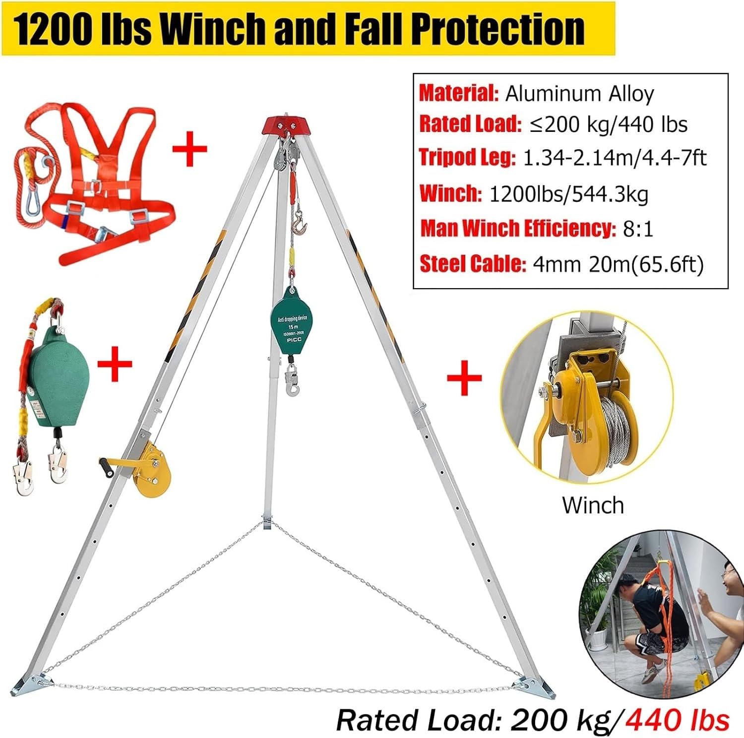 Stativ-Set 1200lbs 1800 2600 lb Winche Ablaufhebegerätssystem mit Sicherheitsgurt & Hoist Kette, Sicherheit Evakuierung Stabilisator Kit(1200LBS Winch+Falling Protector)