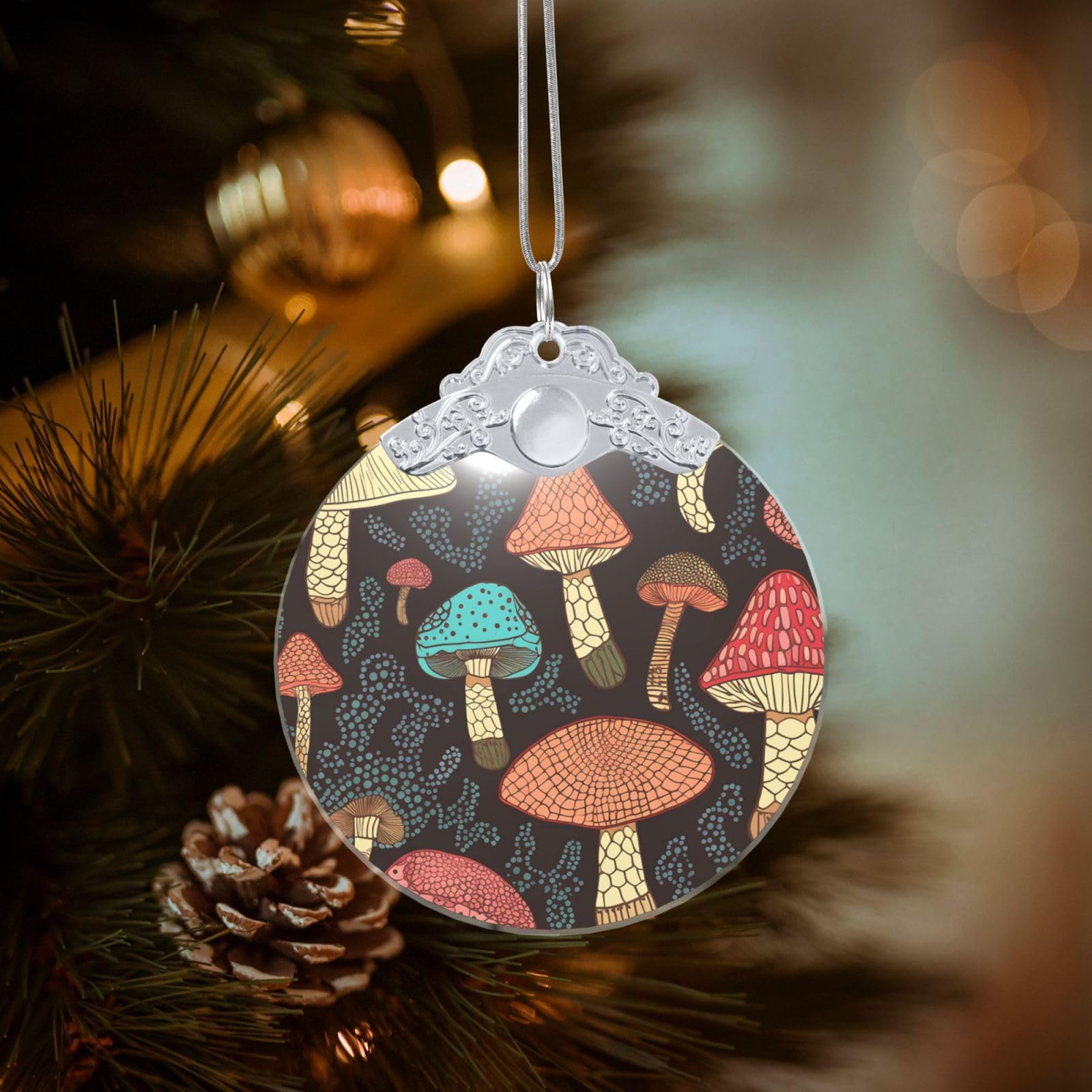 Crystal Christmas Ornaments for Christmas Tree Decoration Hanging Mushroom Ornament with Gold Ribbon Crafts Round Pendant for Keepsake Gifts Glass Xmas Decor Party Supplies